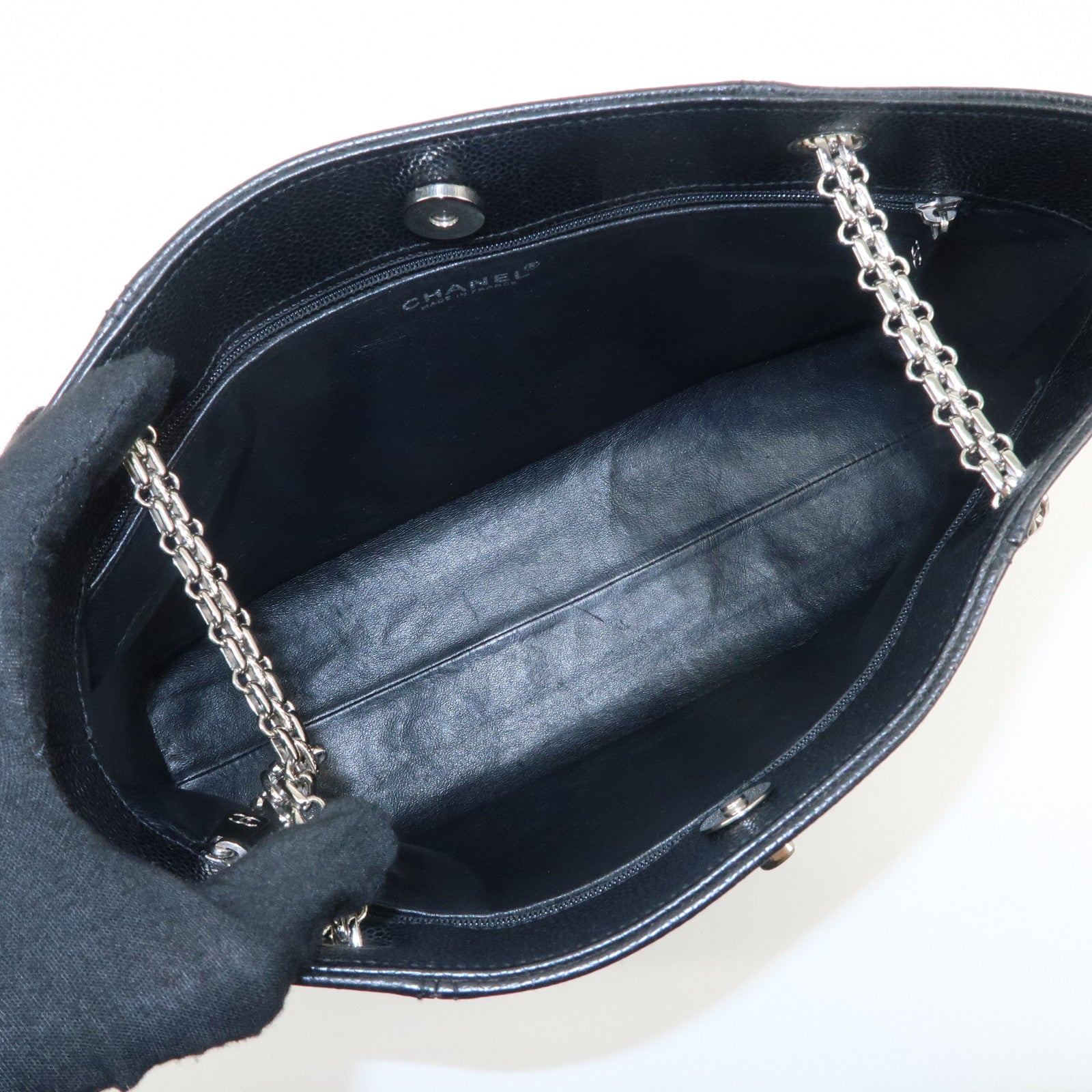 CHANEL Caviar Skin Chain Tote Bag Shoulder Black Silver HDW Used