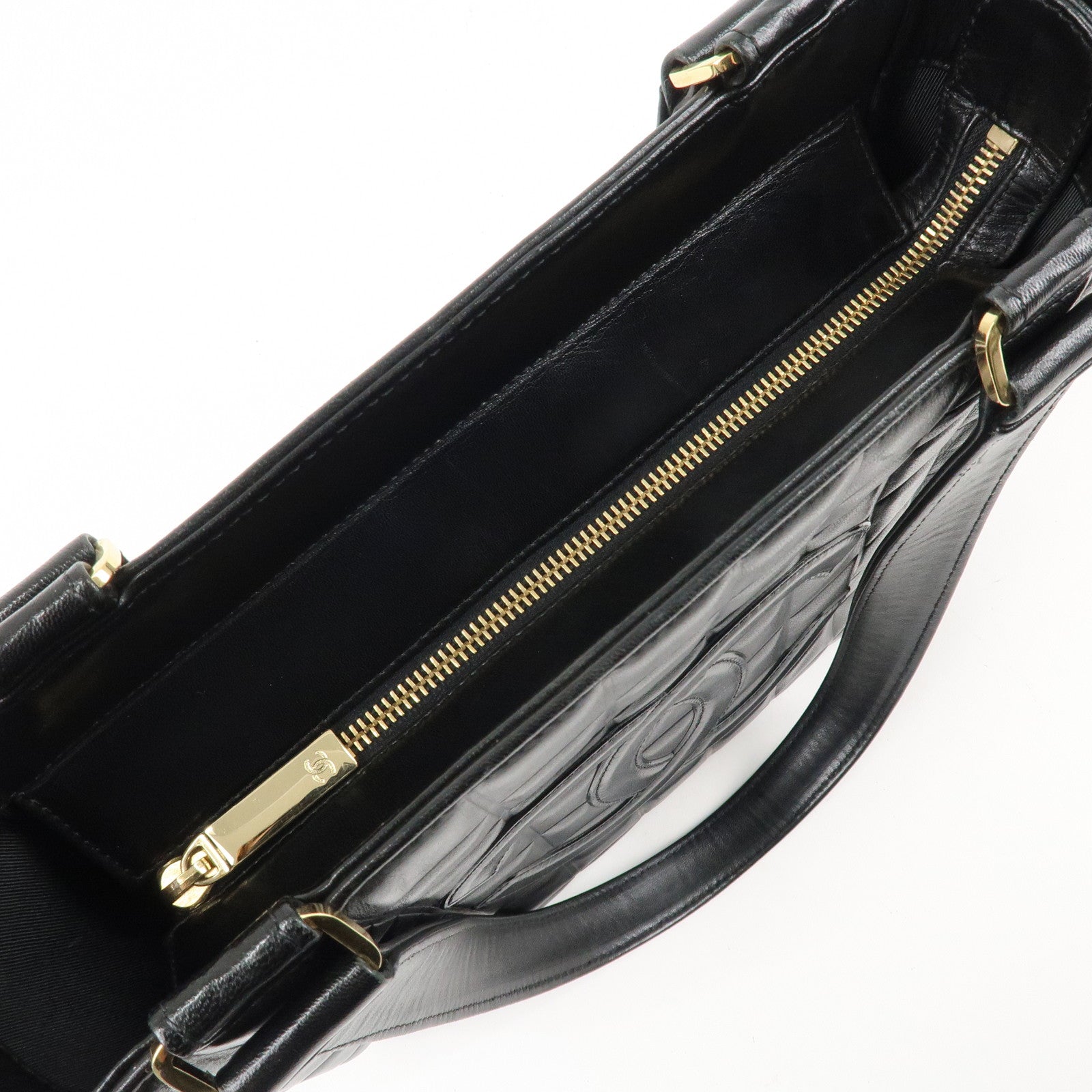 CHANEL Chocolate Bar Lamb Skin COCO Mark Tote Bag Hand Bag A17809 Used