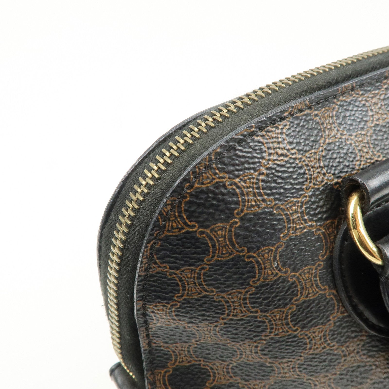 CELINE Macadam PVC Leather Hand Bag Black Brown Gold HDW Used
