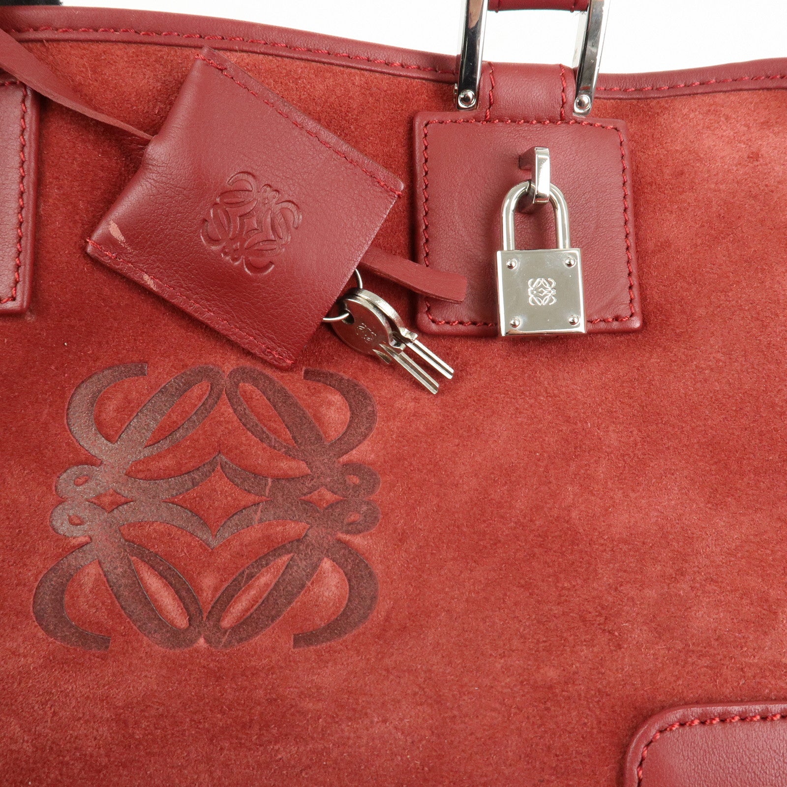 LOEWE Anagram Suede Leather Amazona 28 Hand Bag Red Silver HDW Used