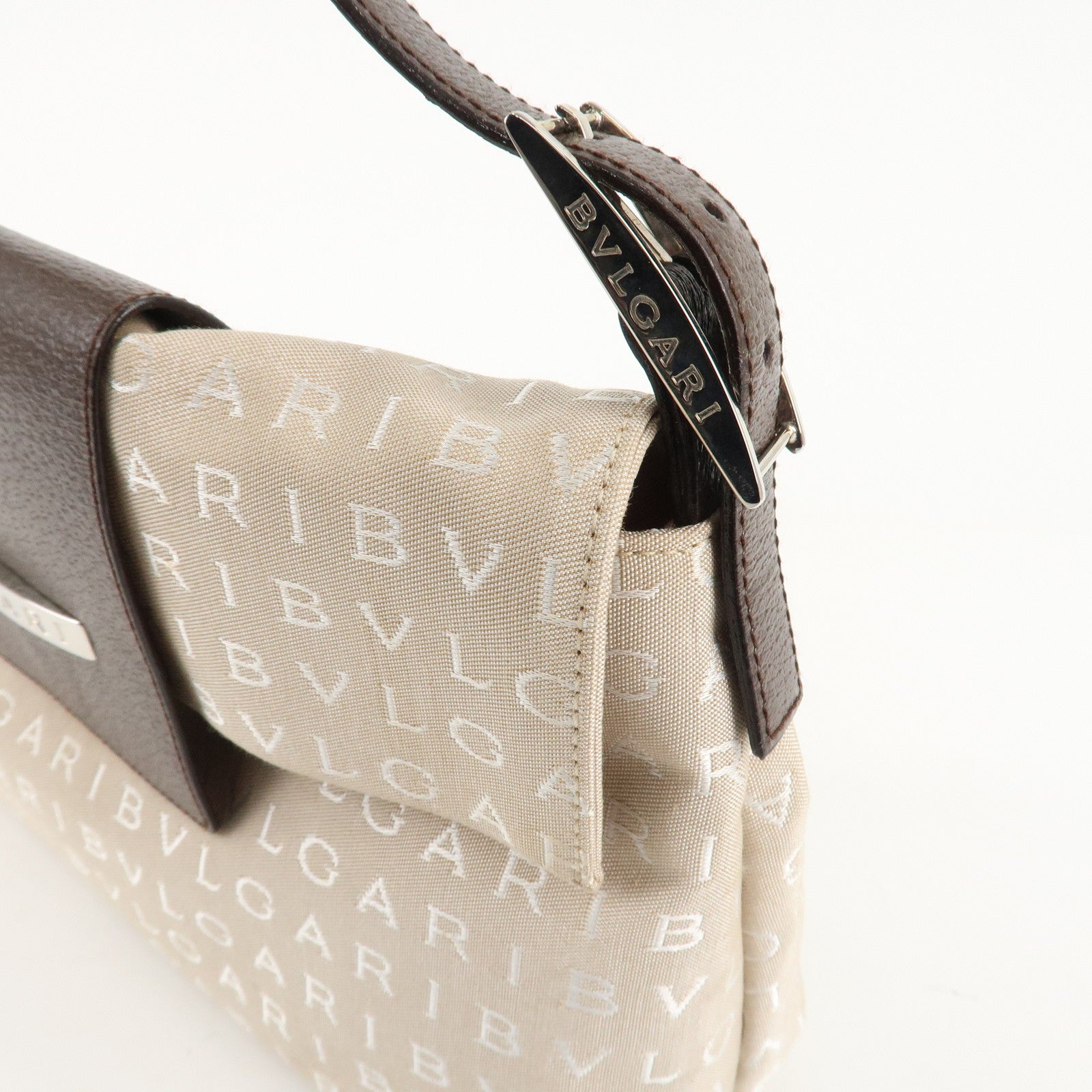 BVLGARI Logo Mania Canvas Leather Hand Bag Shoulder Bag Beige Used