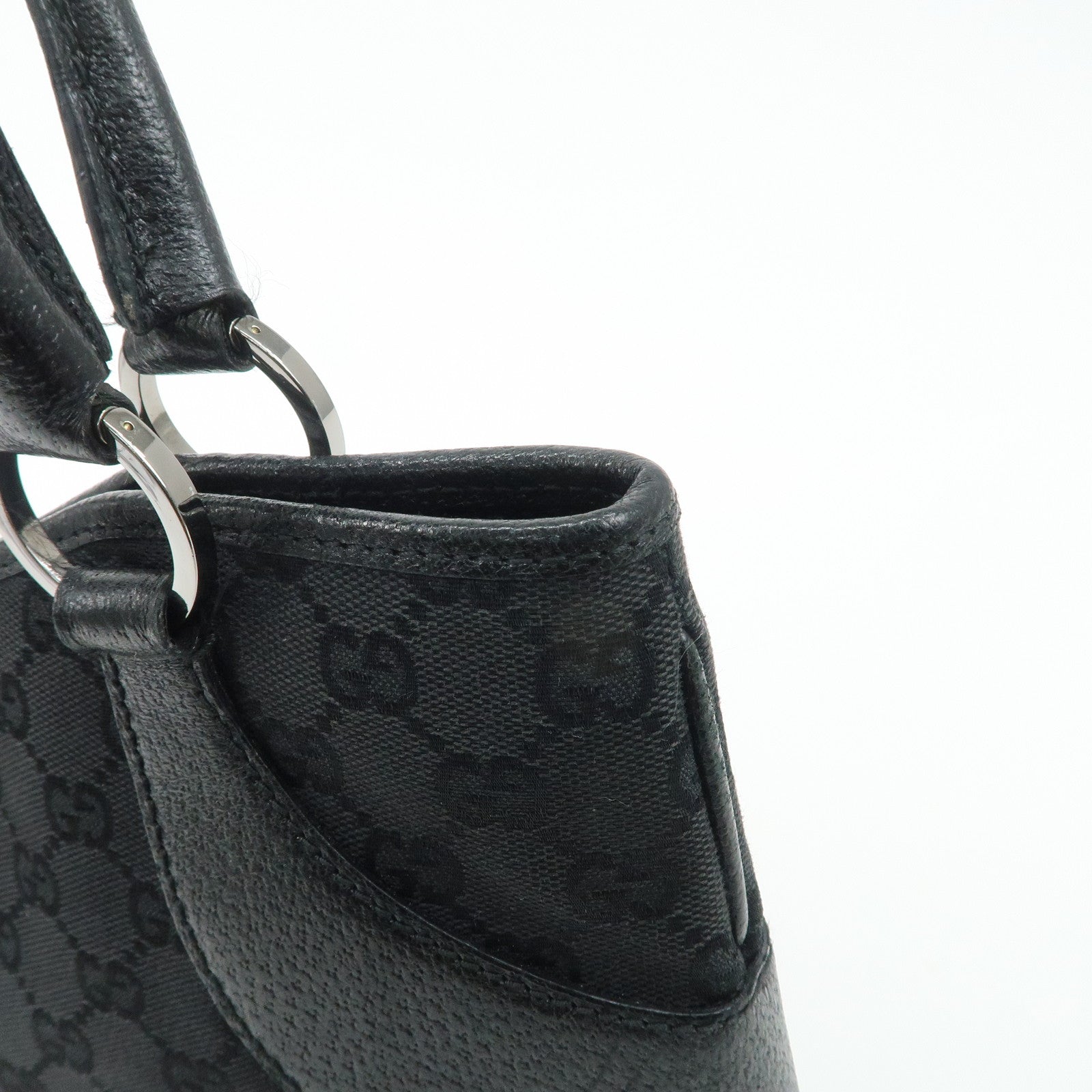 GUCCI GG Canvas Leather Tote Bag Hand Bag Black 113015 Used