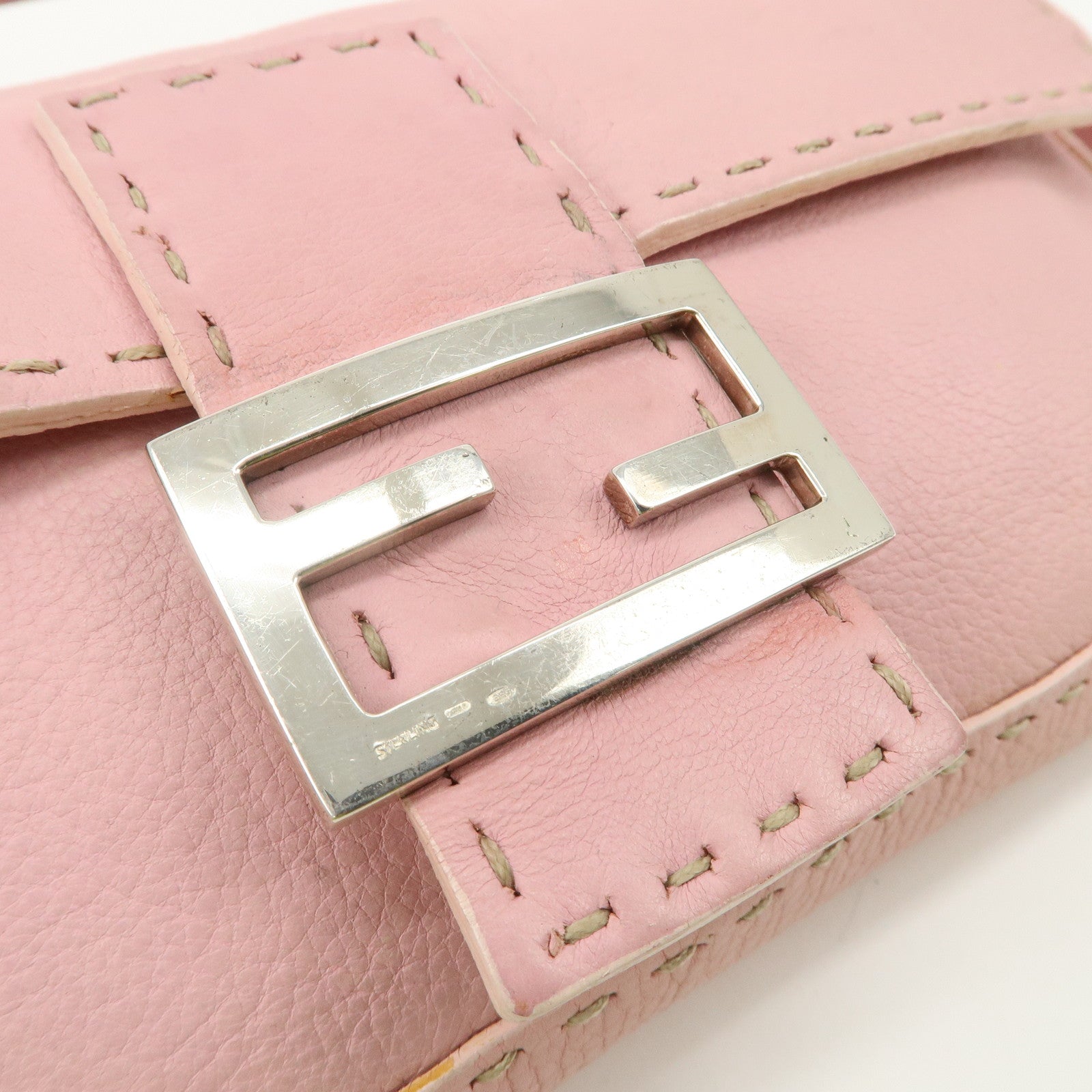 FENDI Selleria Mamma Baguette Leather Shoulder Bag Pink 8BR101 Used