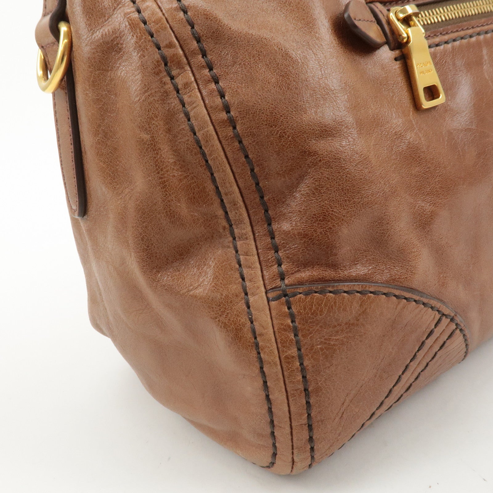 PRADA Logo Leather 2way Hand Bag Shoulder Bag Brown BL0727 Used