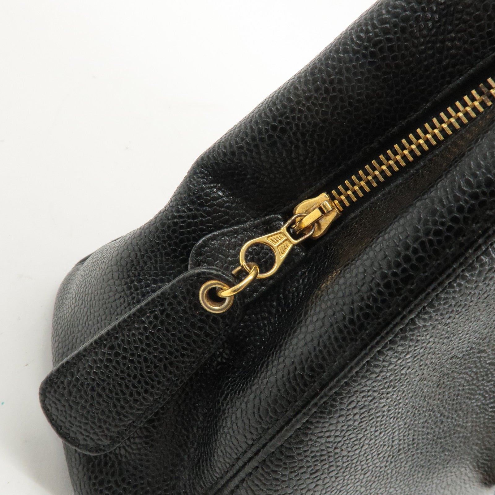 CHANEL Caviar Skin Chain Tote Bag Black Gold Used