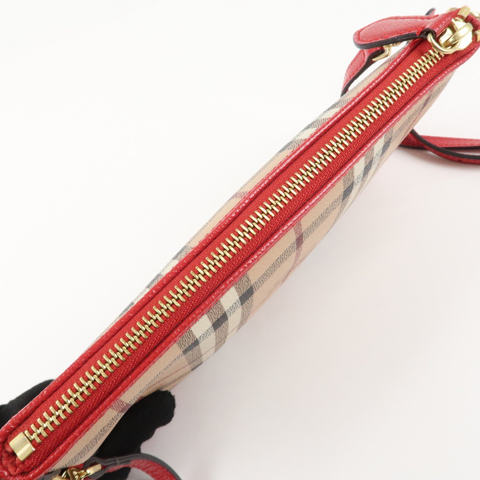 BURBERRY PVC Leather Nova Plaid Shoulder Bag Beige Red Used
