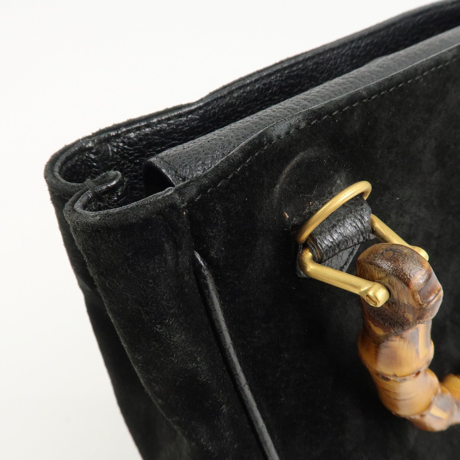 GUCCI Bamboo Suede Leather Hand Bag Black 000.122.0316 Used