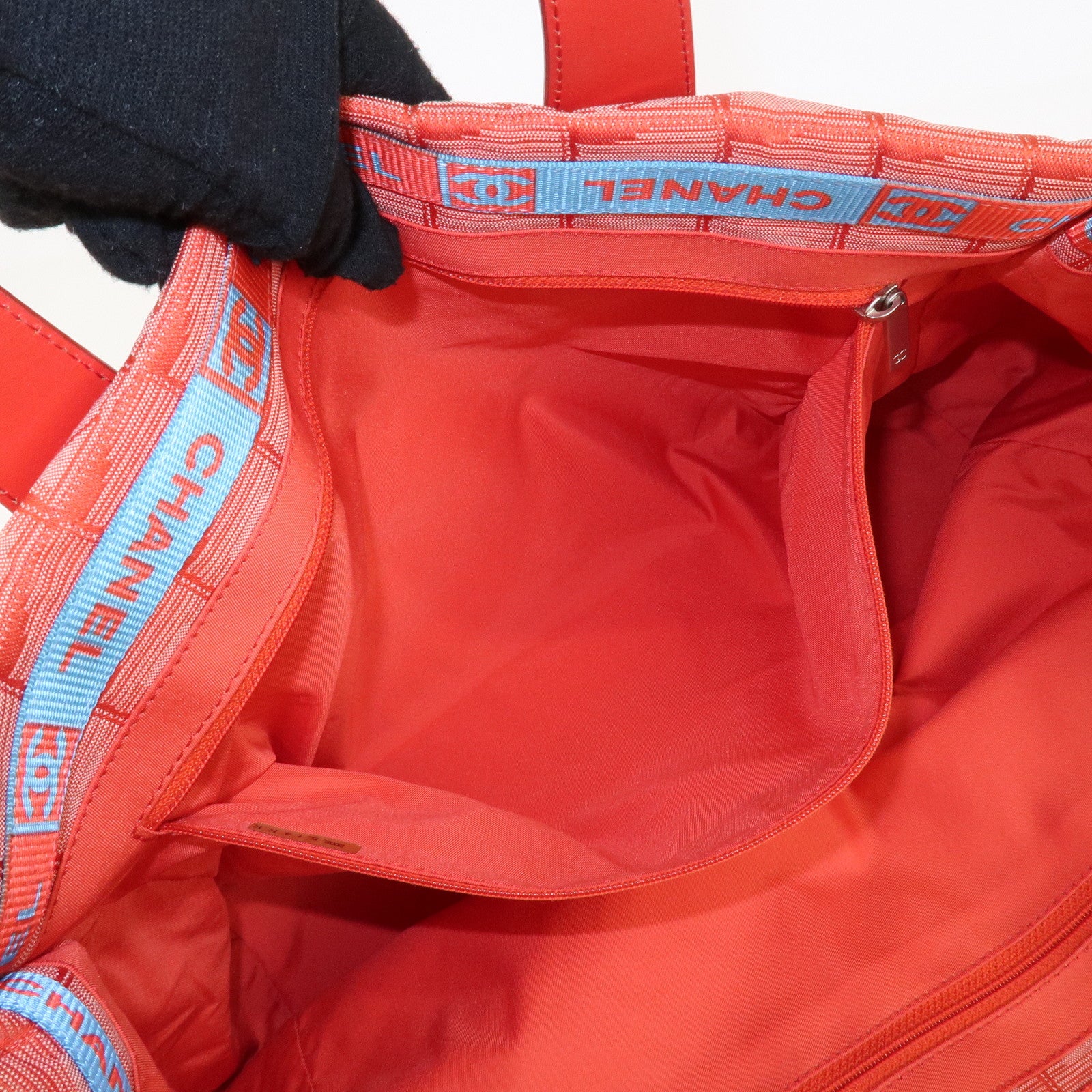 CHANEL New Travel Line Nylon Jacquard Leather Tote Bag Red A15991 Used