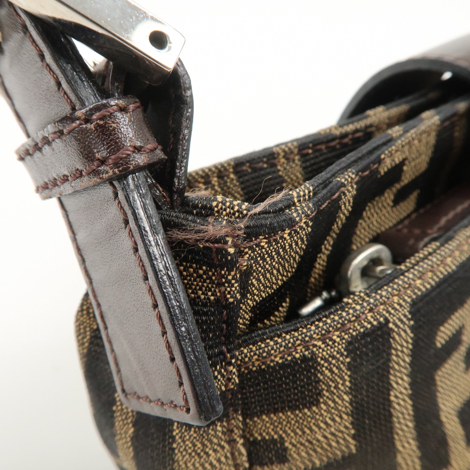FENDI Zucca Canvas Leather Hand Bag Brown Black Used