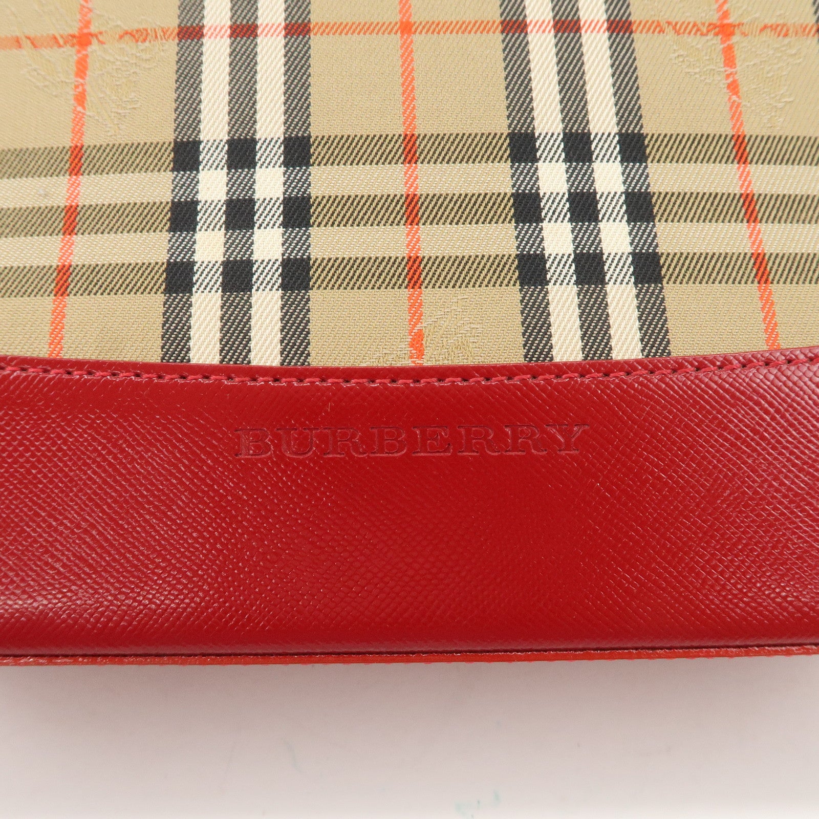 BURBERRY Nova Plaid Canvas Leather Shoulder Bag Hand Bag Red Used