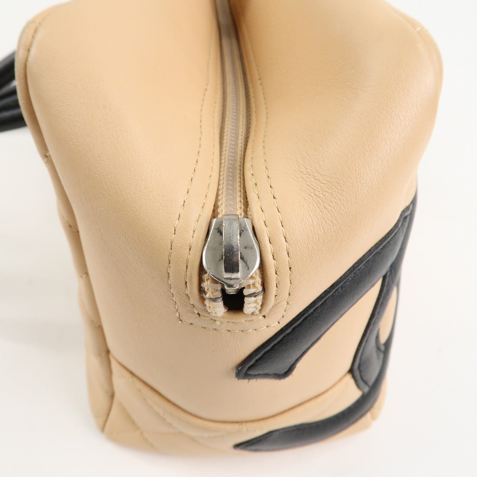 CHANEL Cambon Line Lamb Skin Bowling Bag Hand Bag Beige A25171 Used