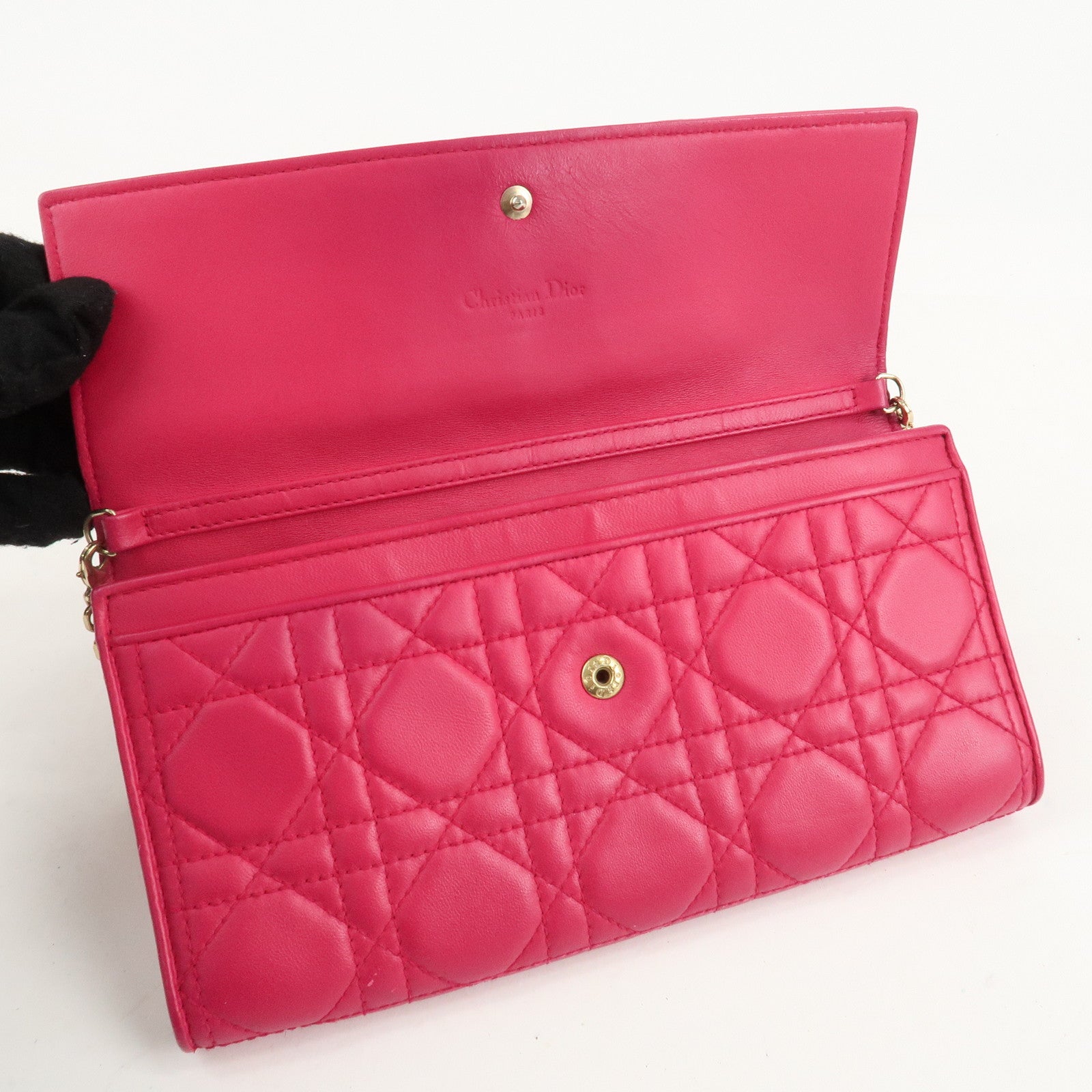 Christian Dior Cannage Leather Chain Long Wallet Pink Used