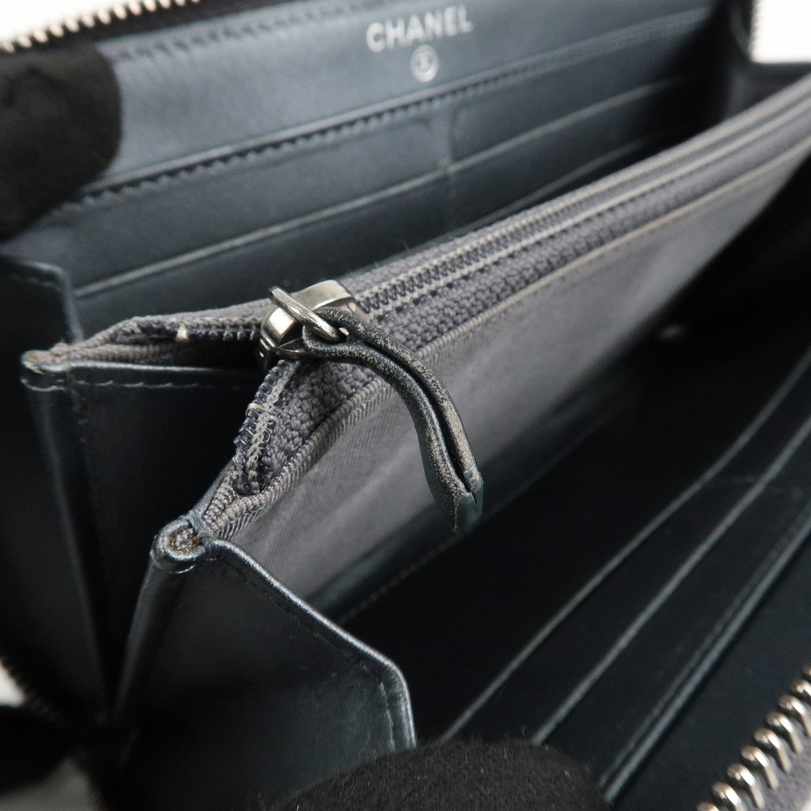 CHANEL Matelasse Caviar Skin Zip Around Long Wallet Metal Blue Used