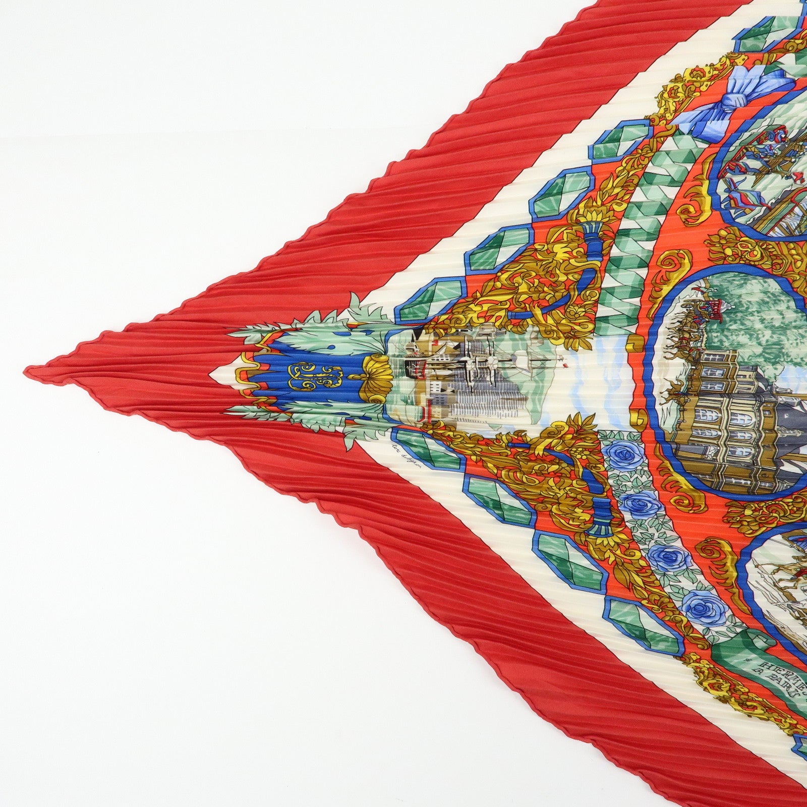 HERMES Pleated Carre Silk 100% Scarf L'ENTENTE CORDIALE Red Blue