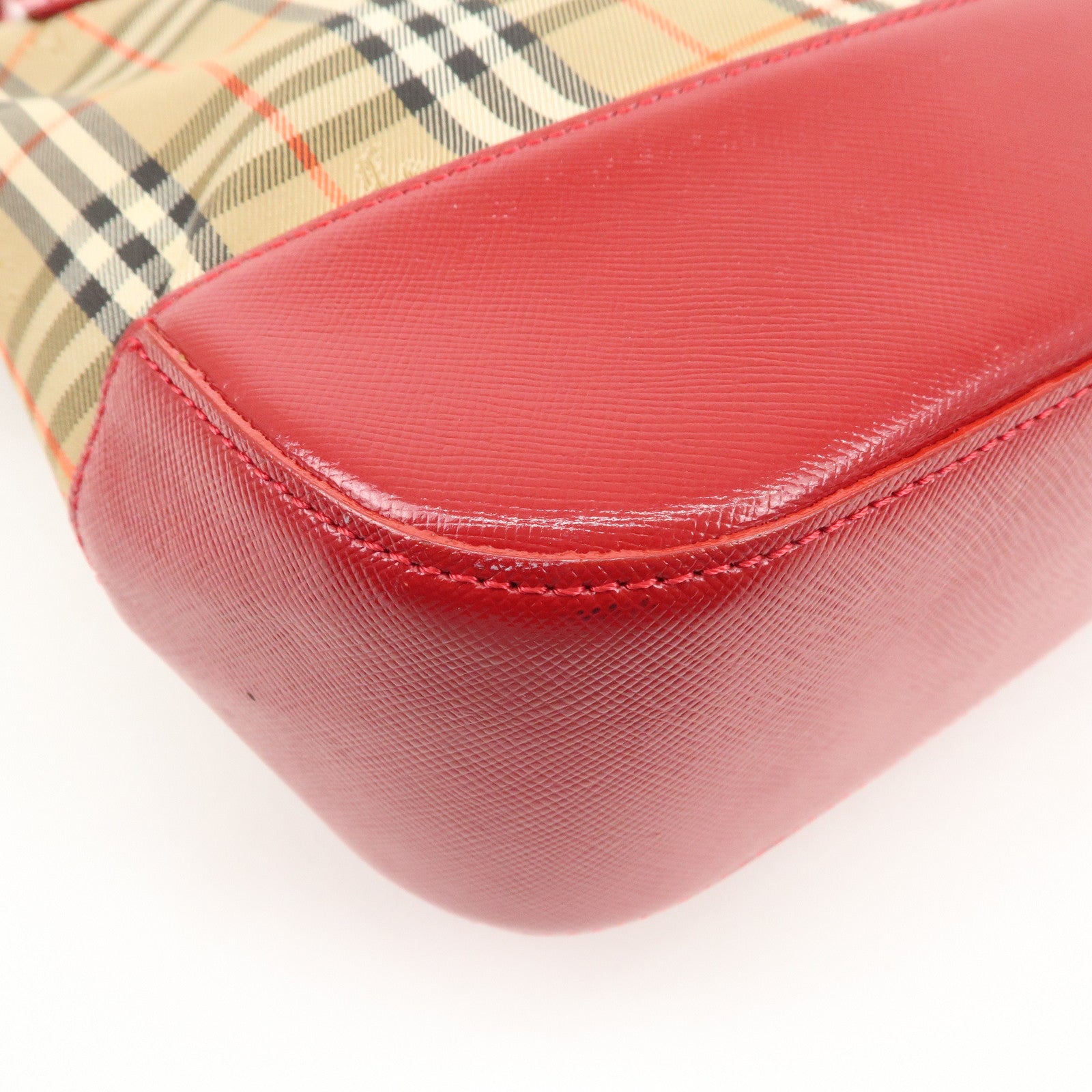 BURBERRY Leather Canvas Tote Bag Hand Bag Nova Plaid Red Beige Used