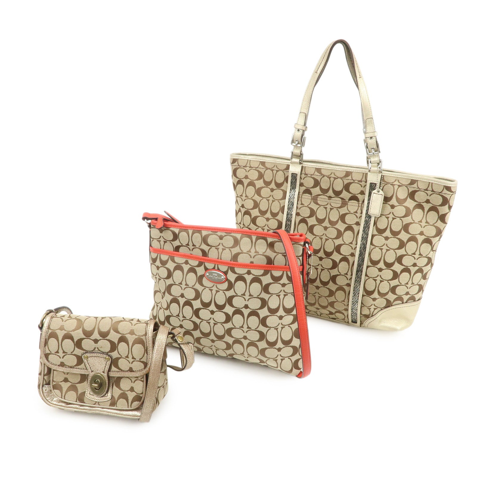 COACH Signature Set of 3 Shoulder Bag Hand Bag Beige Brown Gold