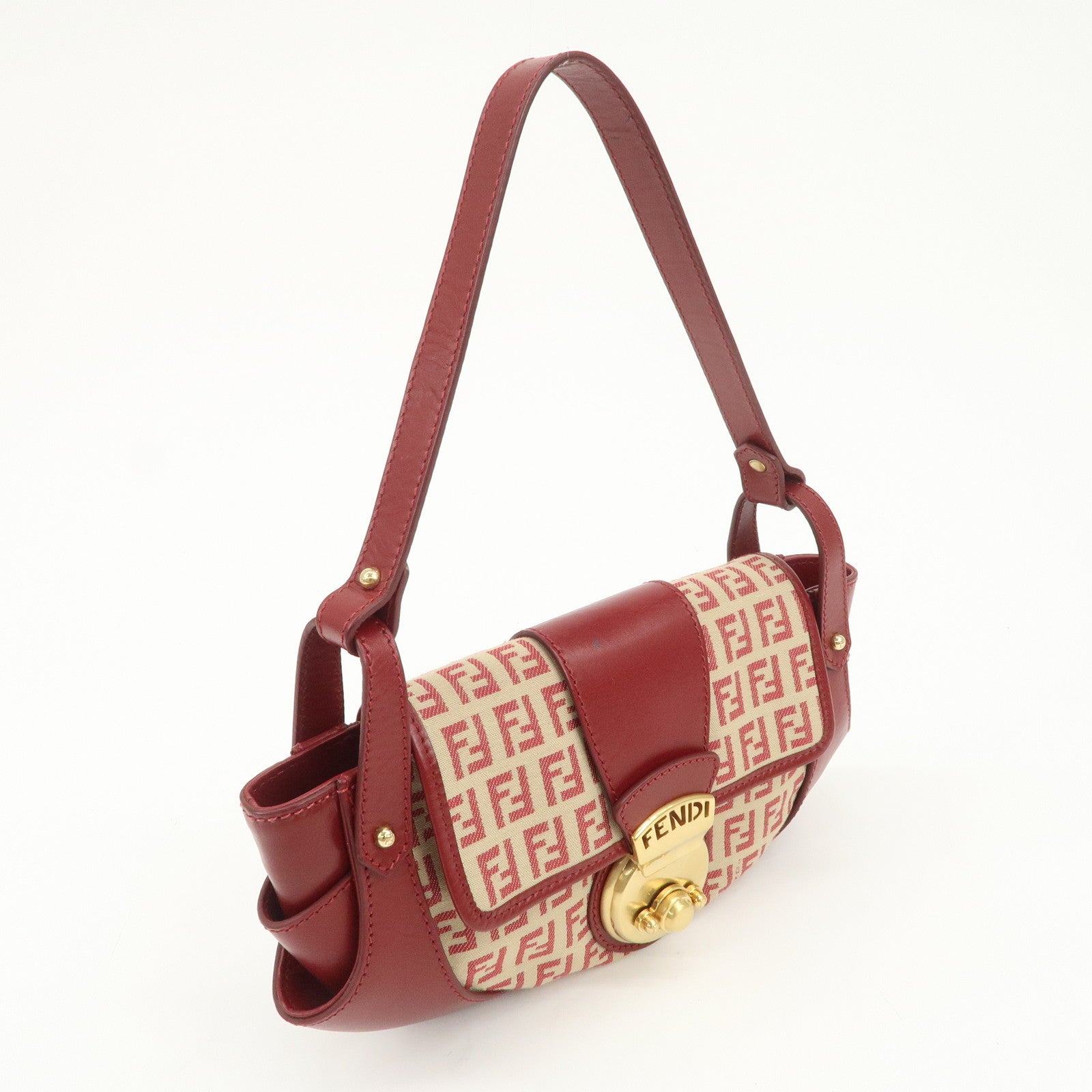 FENDI Zucchino Canvas Leather Turn Lock Shoulder Bag Red 8BR429