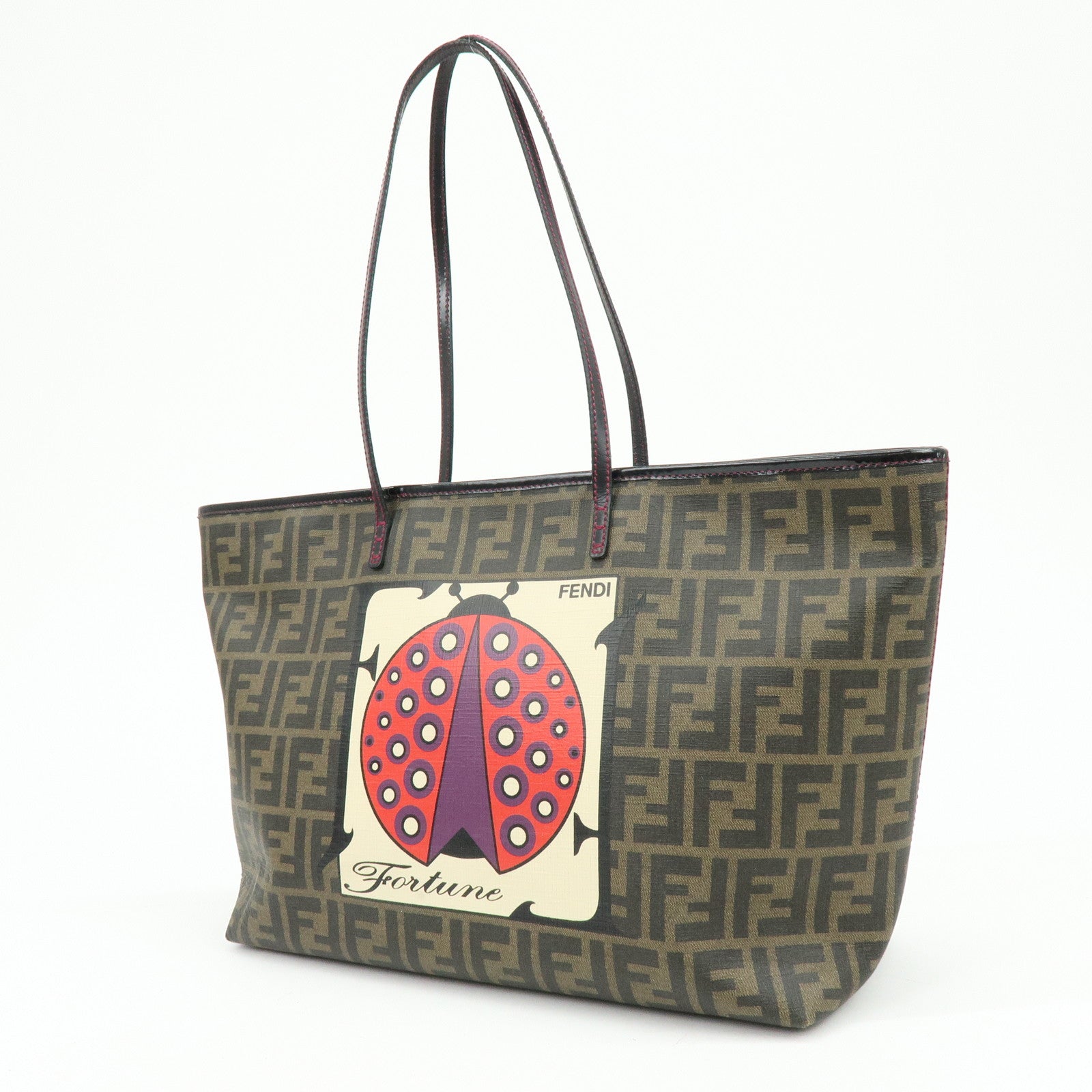FENDI Zucca PVC Leather Ladybug Tote Shoulder Bag Brown Red 8BH185