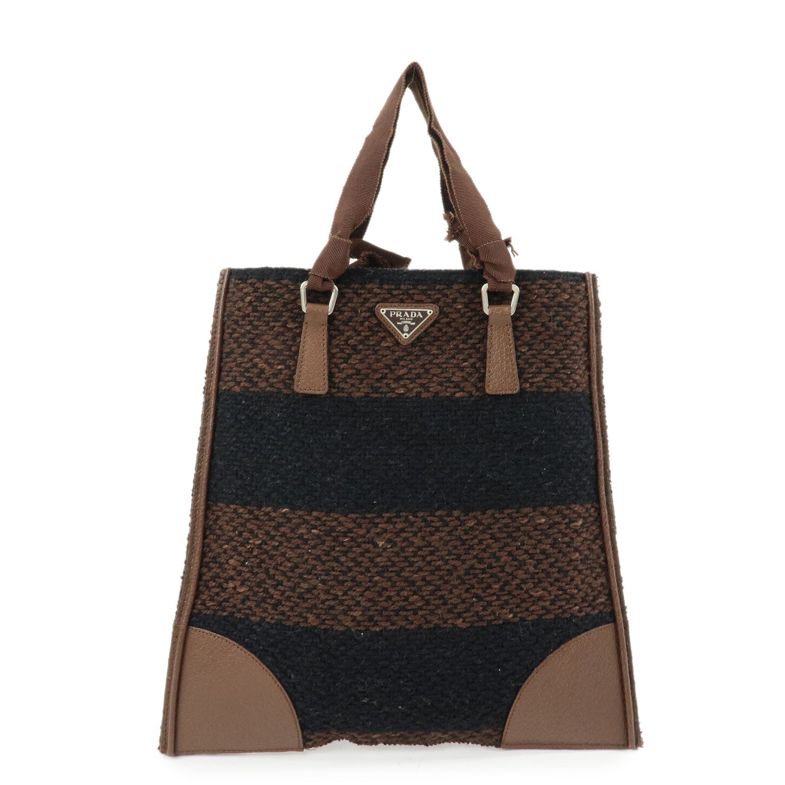 PRADA Triangle Logo Tweed Canvas Hand Bag Brown Black B11268