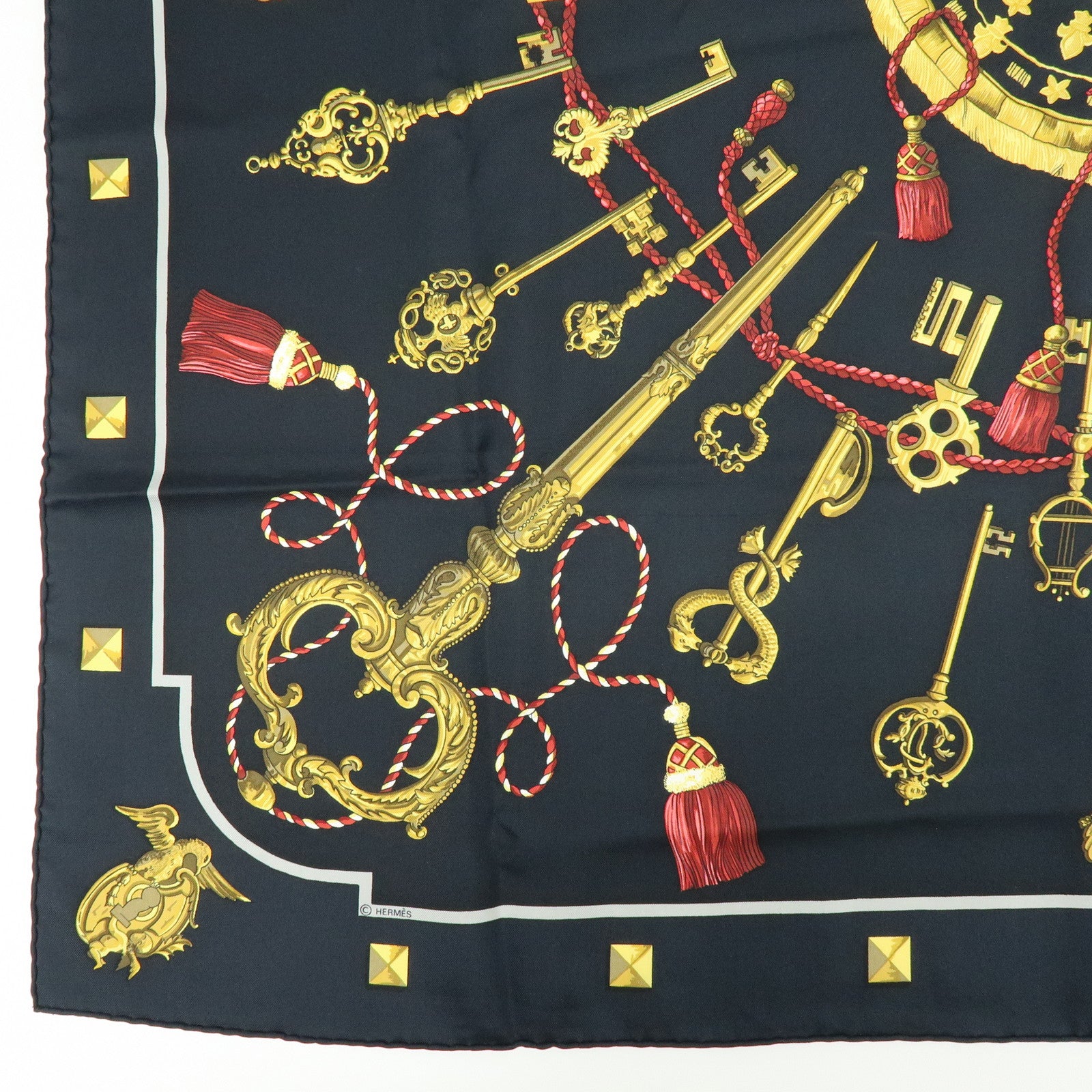 HERMES Carre 90 Silk 100% Scarf LES CLES THE KEYS RARE Black Gold