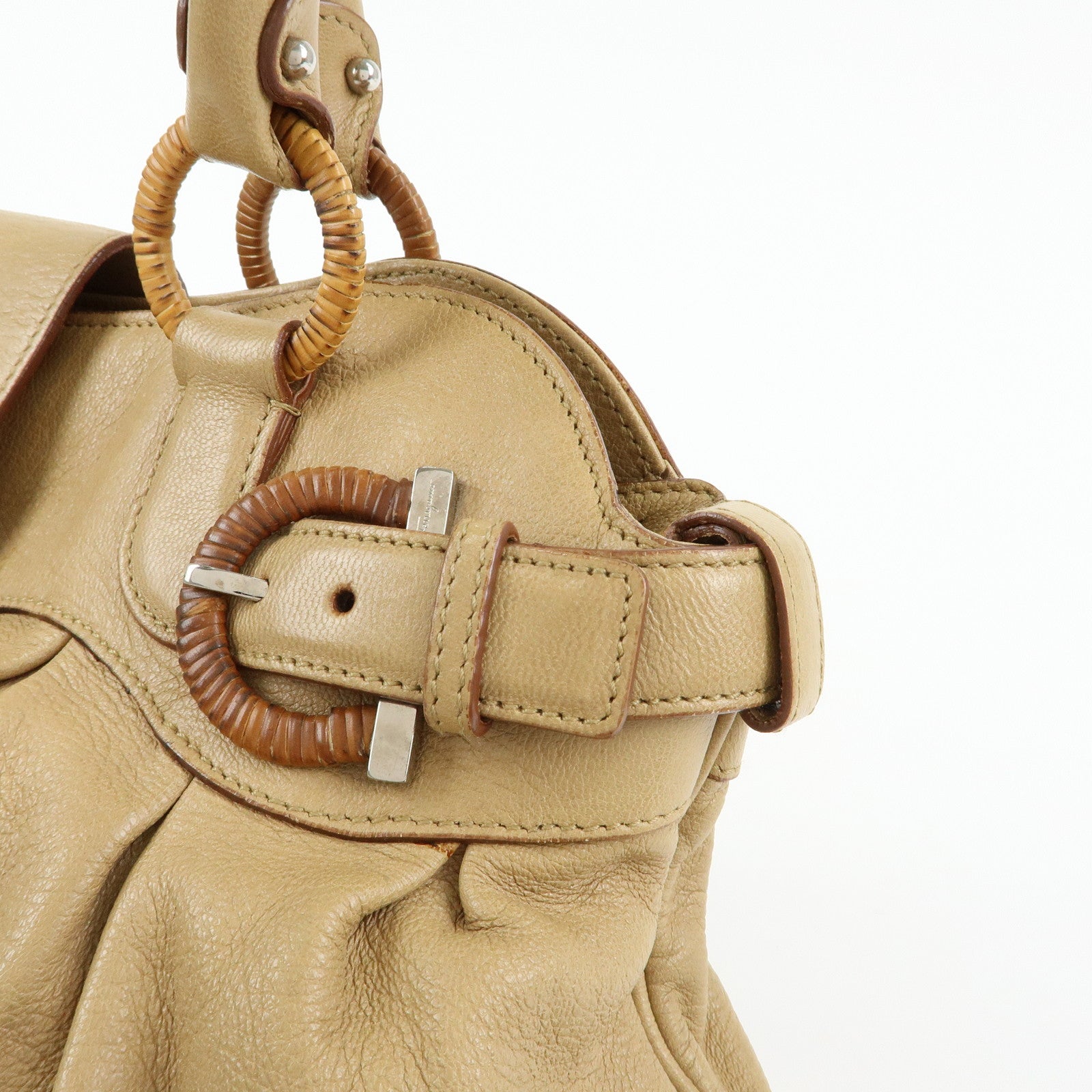 Ferragamo Gancini Leather Rattan Shoulder Bag Light Brown