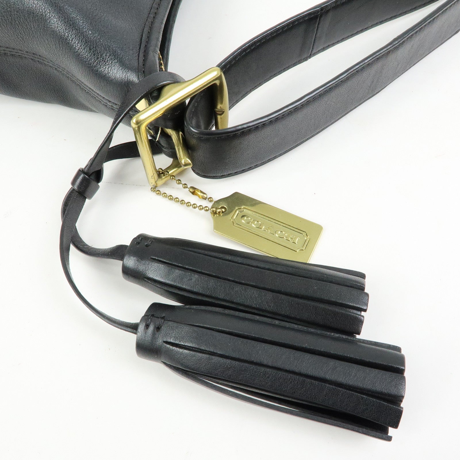 COACH Leather Shoulder Bag Tassel Charm Black Beige