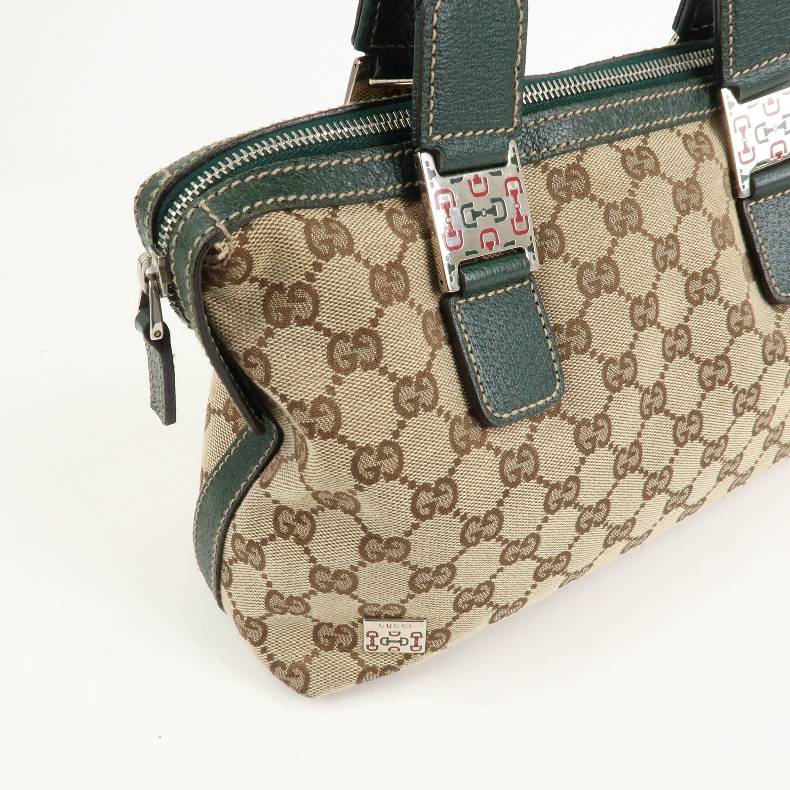 GUCCI Sherry GG Canvas Leather Hand Bag Beige Green 145759