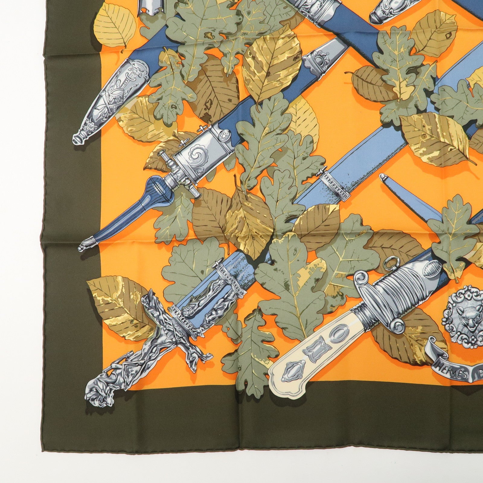 HERMES Carre90 Silk 100% Scarf AU PLUS DRU Khaki Orange Used