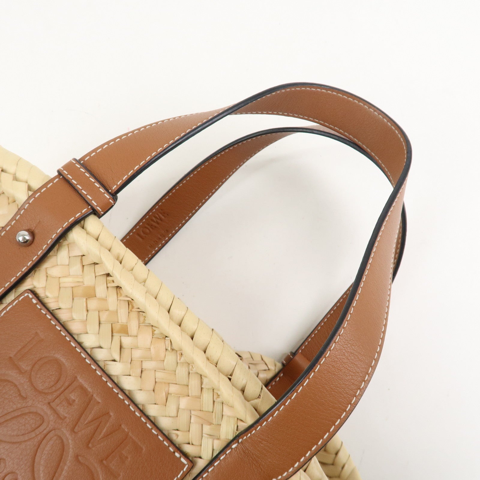 LOEWE Anagram Raffia Calf Leather Hand Bag Tote Bag Natural Tan