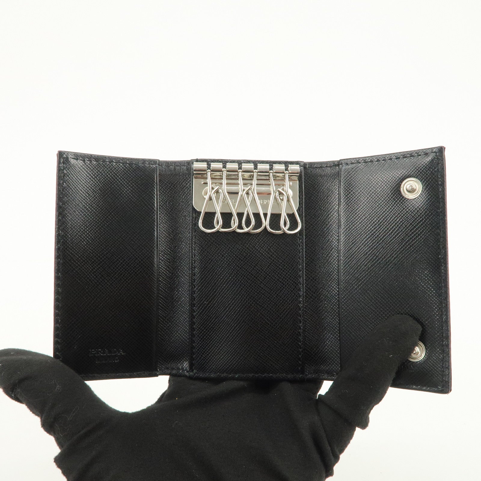 PRADA Nylon Saffiano Leather 6 Rings Key Case Black M222A