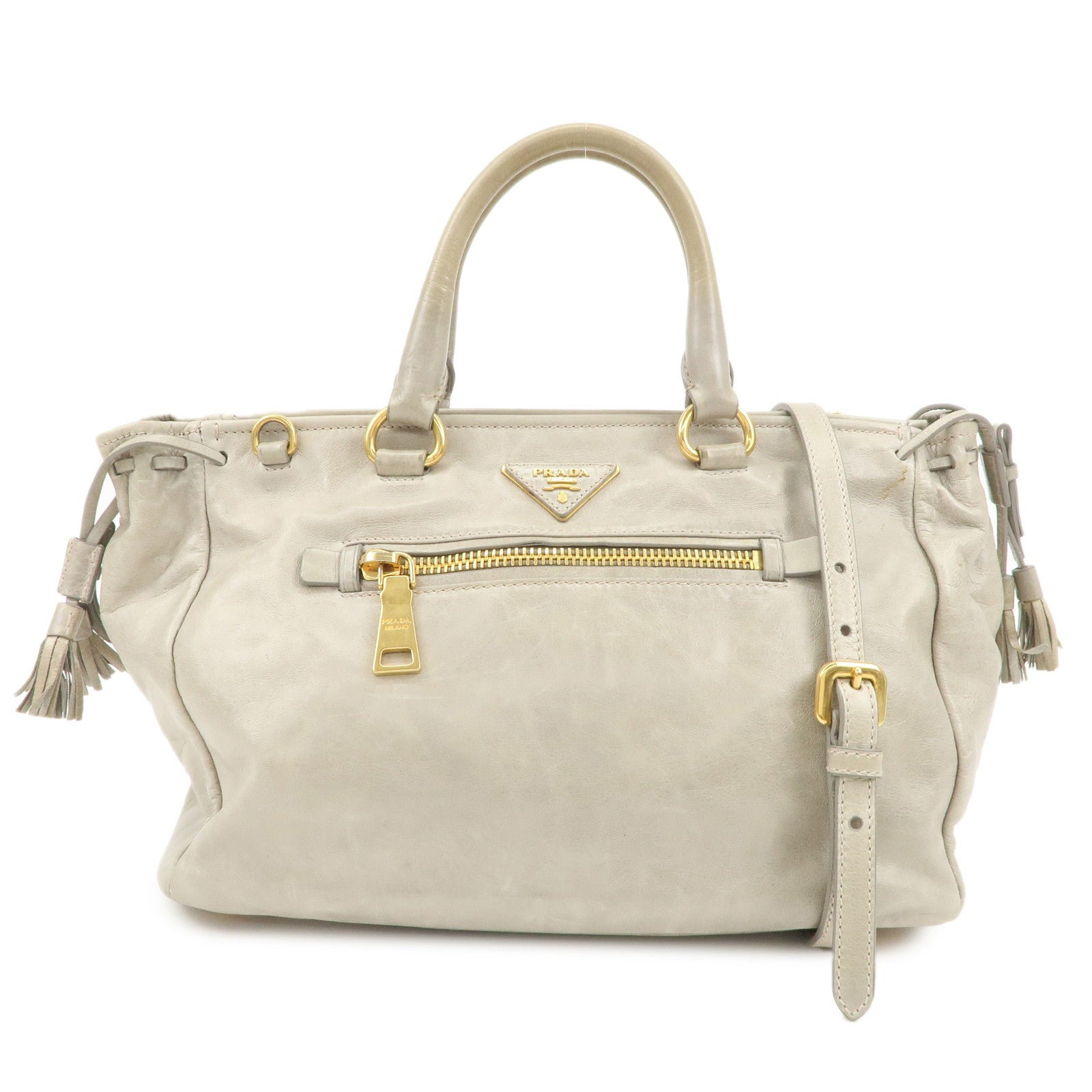 PRADA Triangle Logo VITELLOSHINE Leather 2Way Bag Hand Bag Gray BN1921 Used