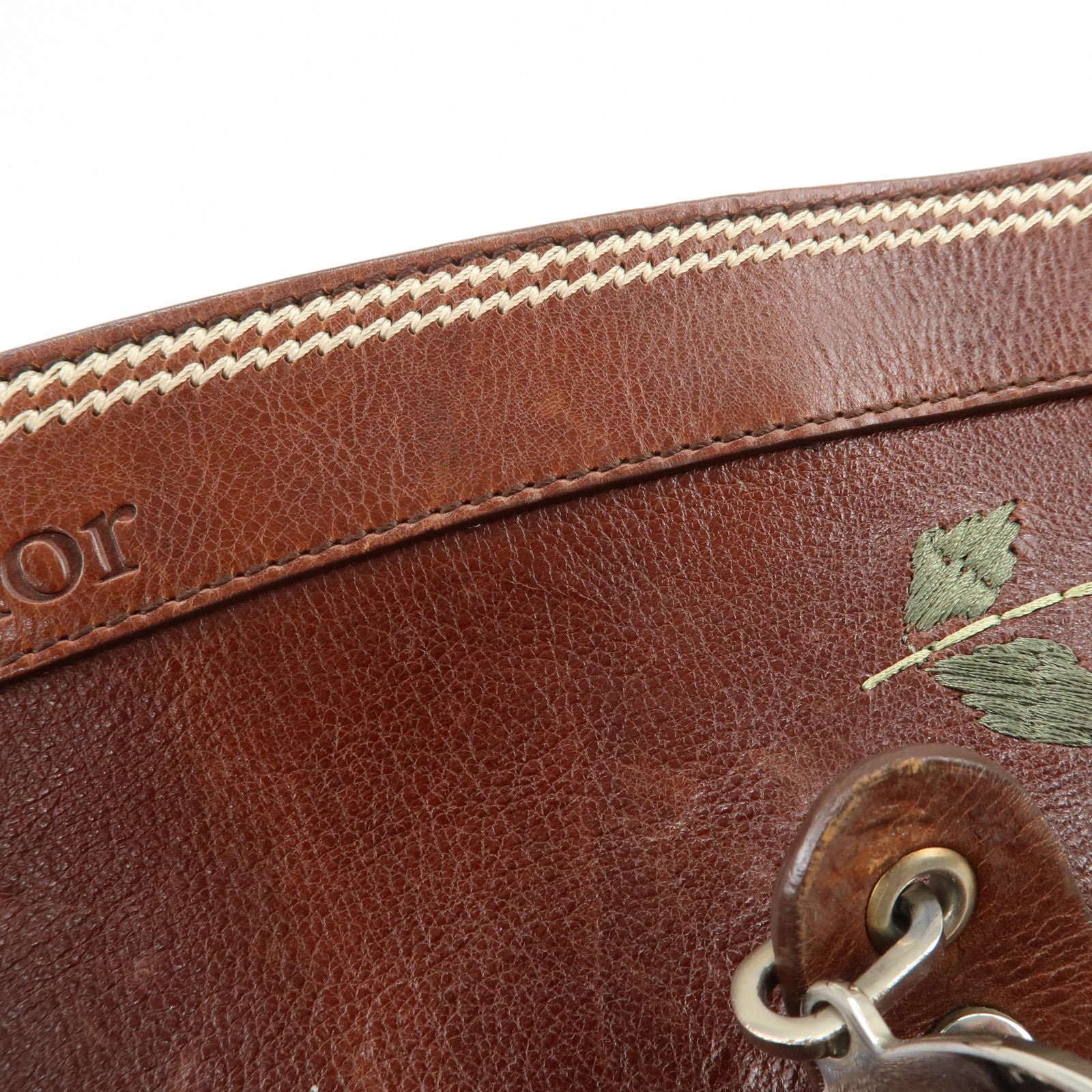 Christian Dior Leather Flower Embroidery Tote Shoulder Bag Brown