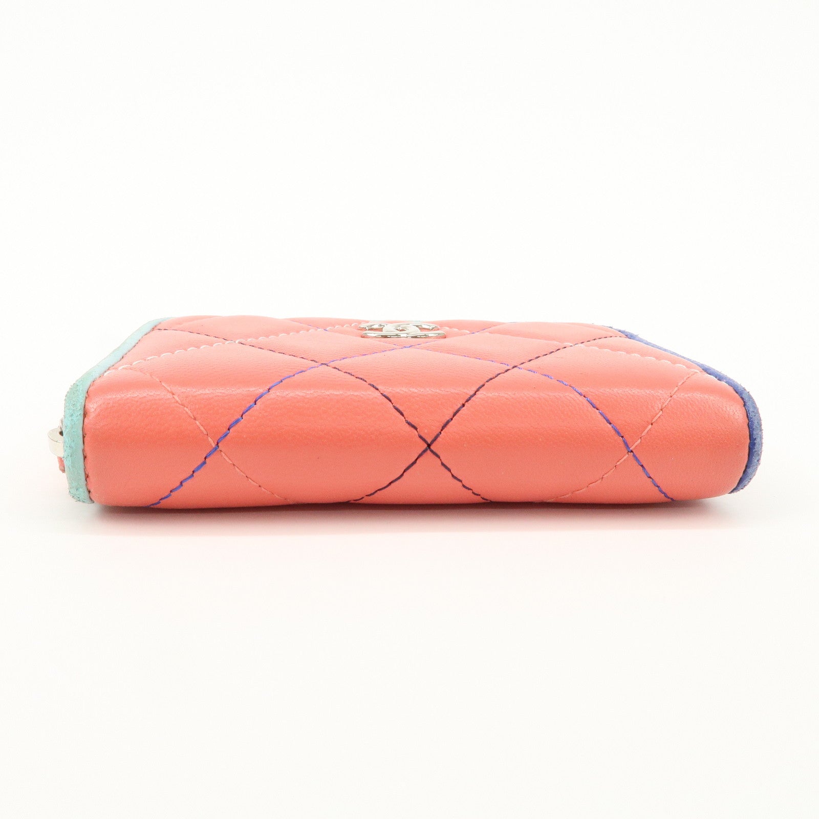 CHANEL Matelasse Lamb Skin Coin Case Coin Purse Pink Blue