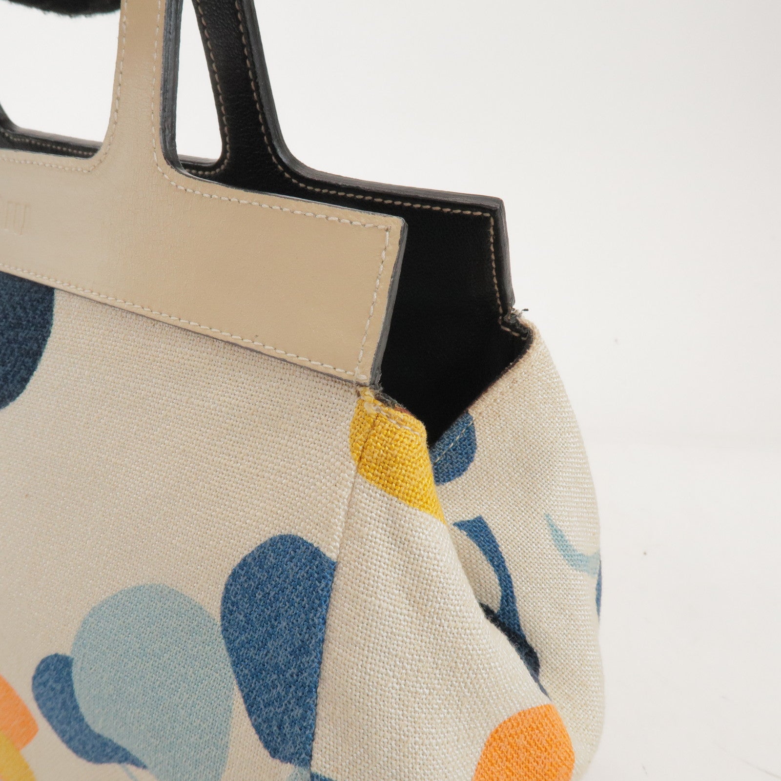 MIU MIU Madras Leather Canvas Reversible Hand Bag Ivory Black