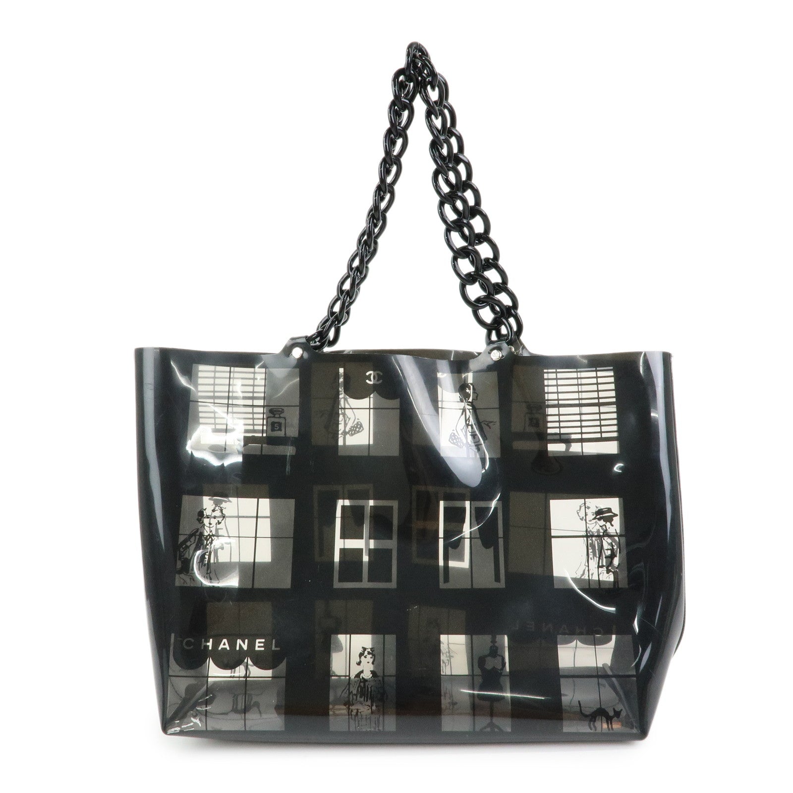 CHANEL Windows Line COCO Mark Vinyl Plastic Chain Tote Bag Black