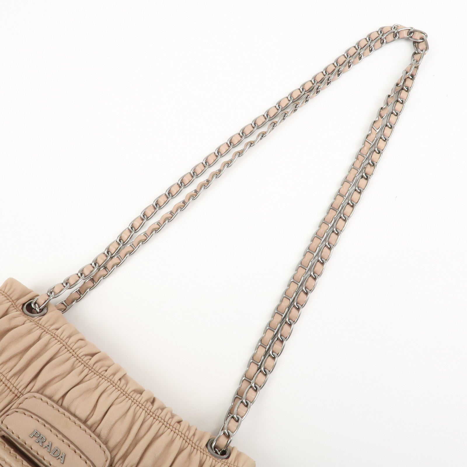 PRADA Leather Gathered Chain Shoulder Bag Pink Beige B4695C
