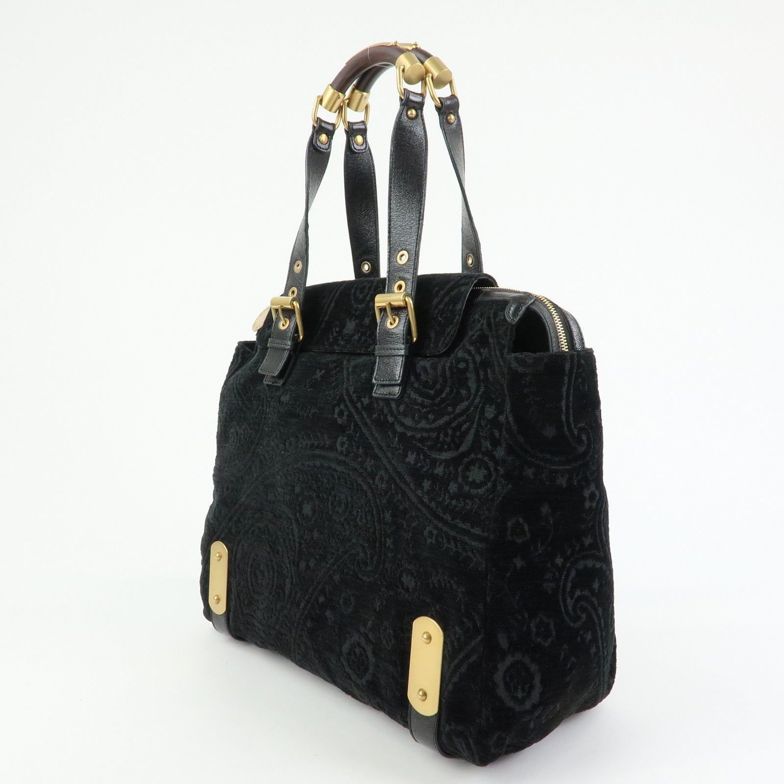 STELLA MCCARTNEY Canvas Leather Tote Hand Bag Paisley Pattern Black
