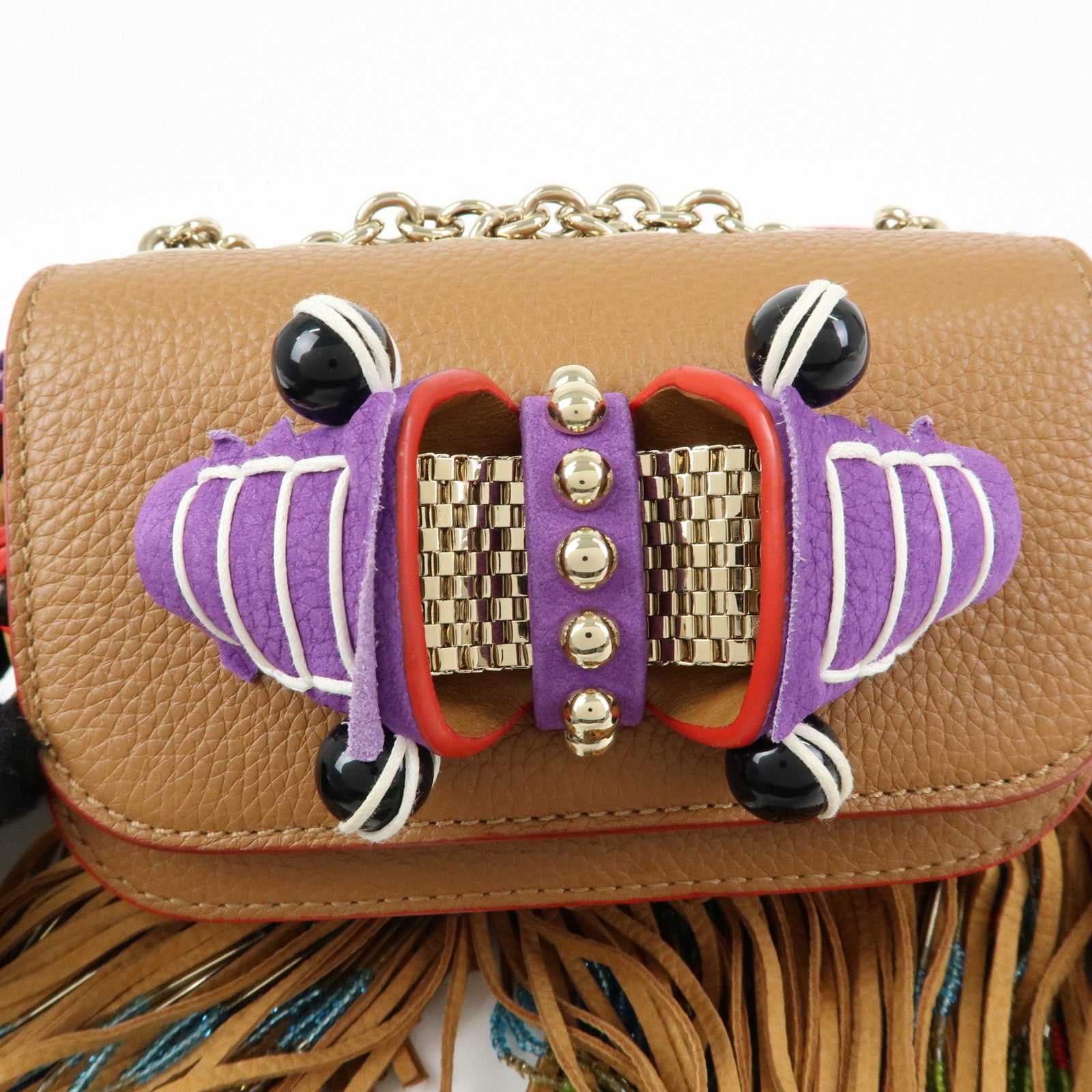 Christian Louboutin Leather Beaded Fringe Shoulder Bag Brown