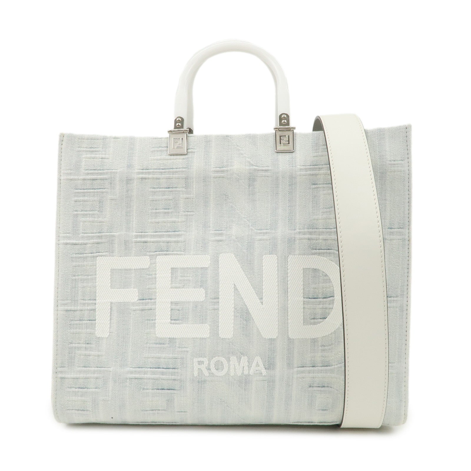 FENDI Leather Sunshine Medium 2Way Tote Bag Hand Bag White 8BH386 Used