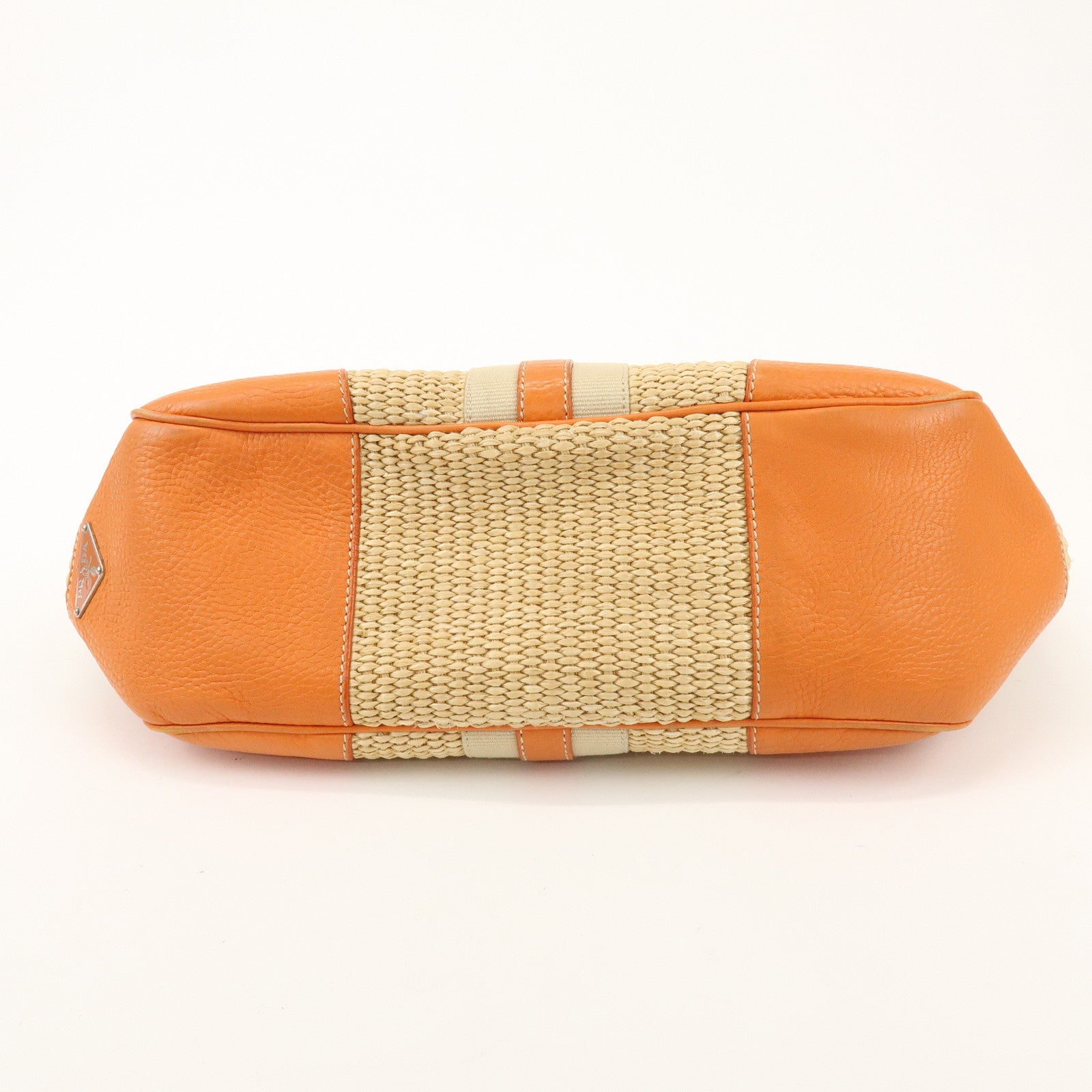 PRADA Triangle Logo Raffia Leather Shoulder Bag Natural Orange