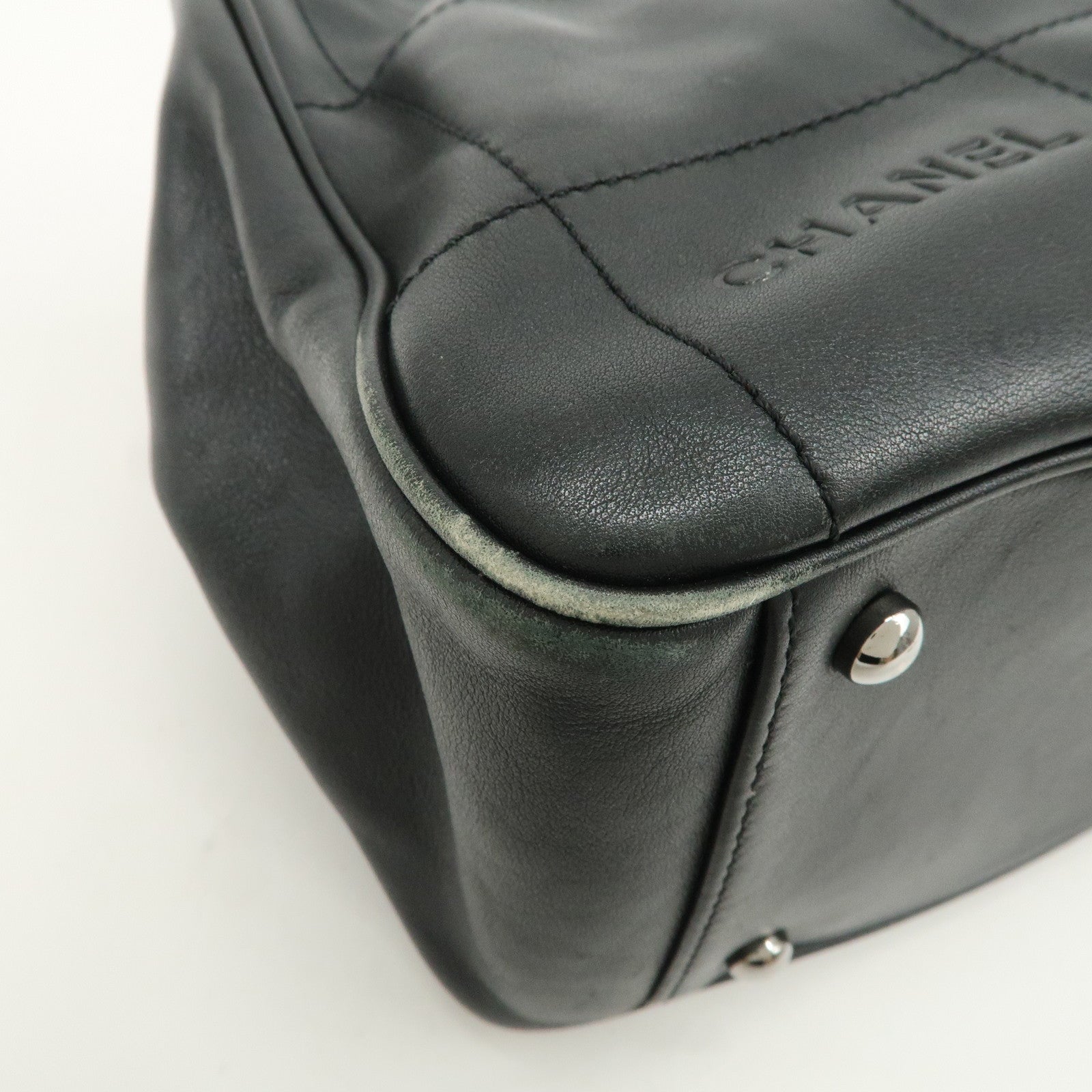 CHANEL Chocolate Bar Lamb Skin Mini Boston Bag Hand Bag Black