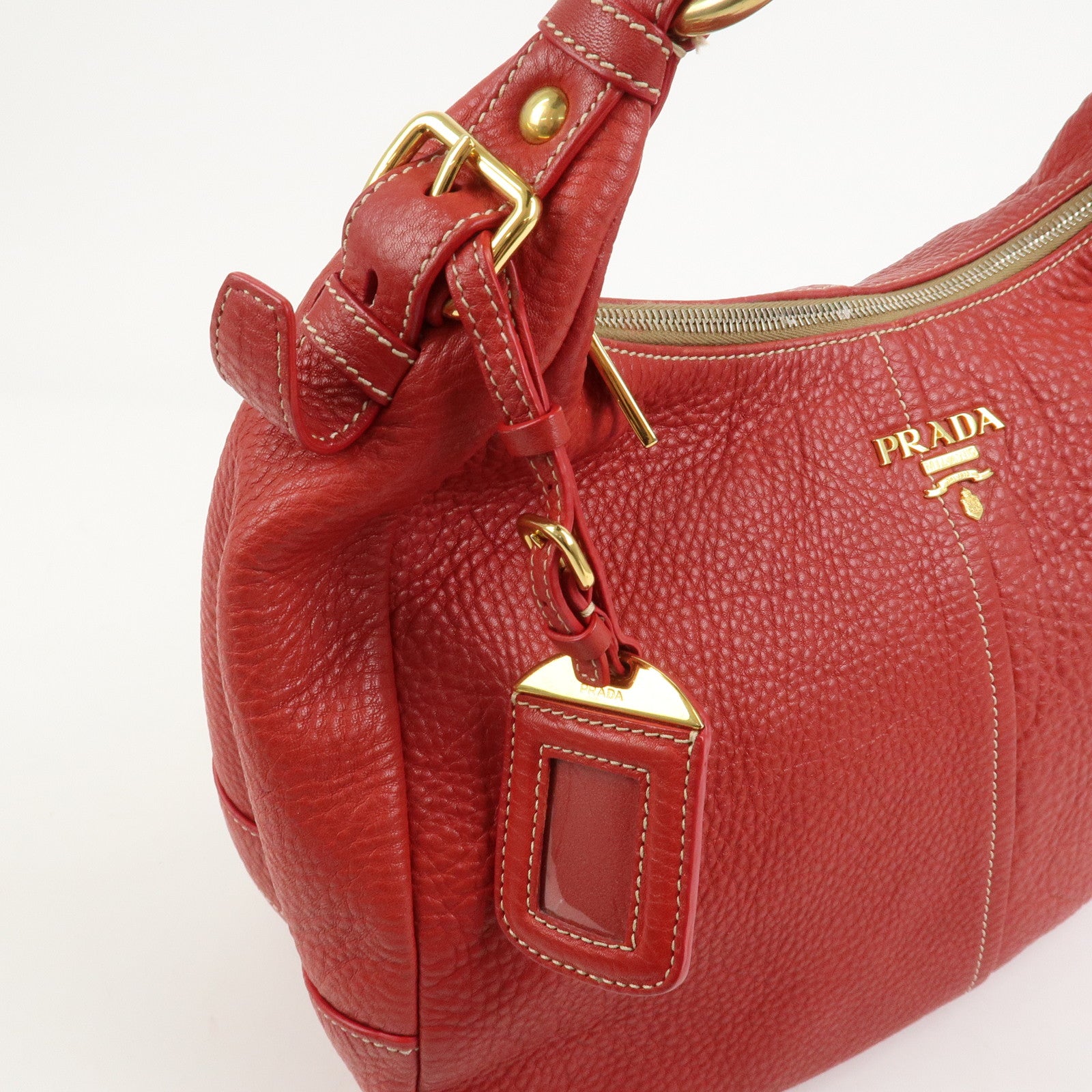 PRADA Logo Leather Shoulder Bag Hand Bag Red BR4373