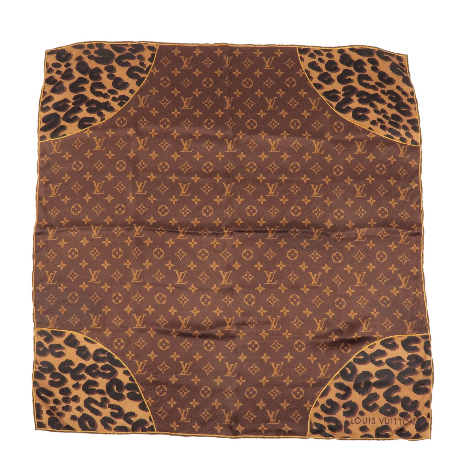 Louis Vuitton Monogram 100% Silk Scarf 65x65 Leopard Brown