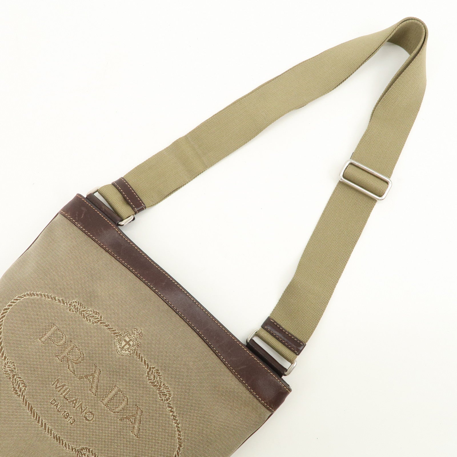 PRADA Logo Jacquard Leather Shoulder Bag Beige Brown BT0537