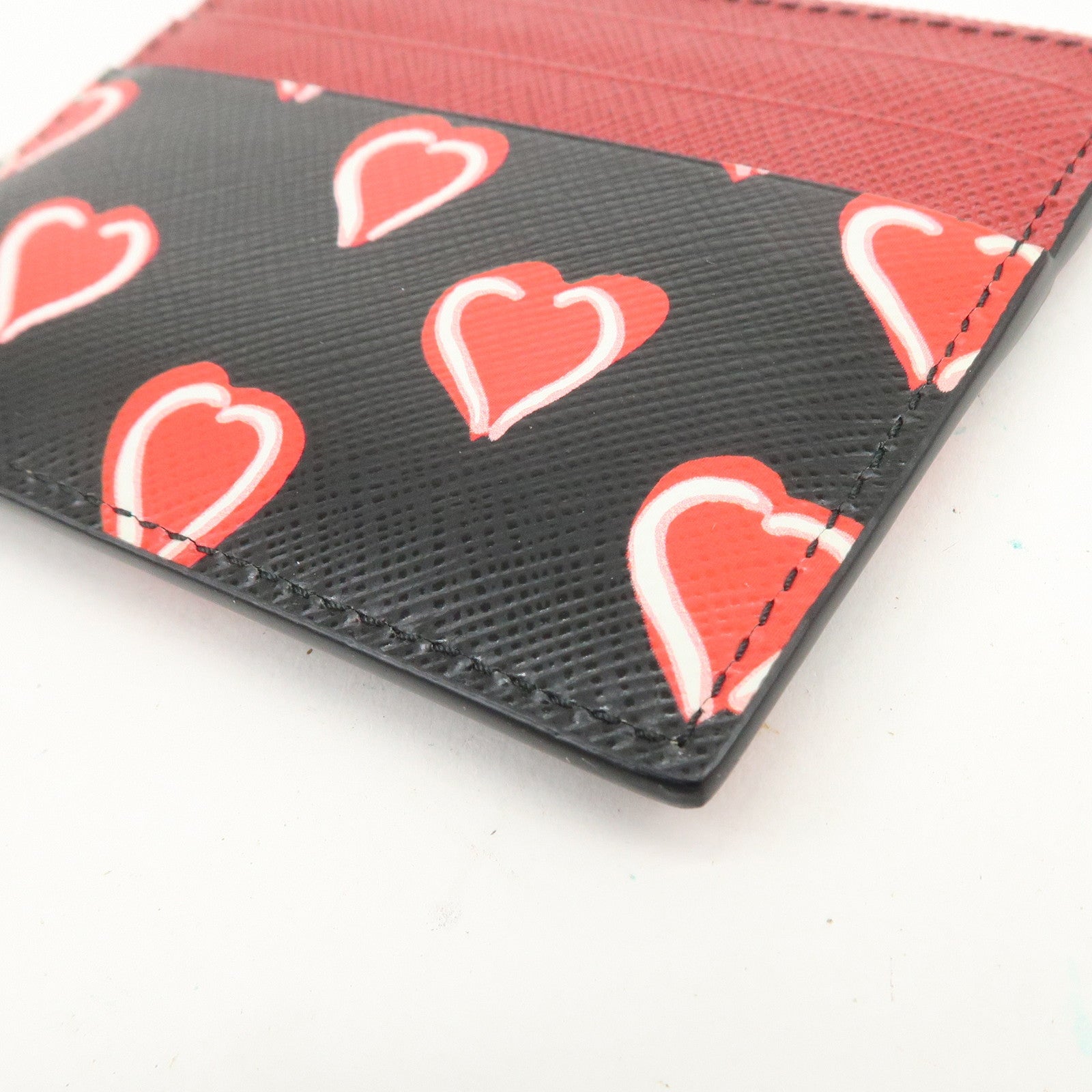 PRADA Triangle Logo Saffiano Leather Card Case Black Red 1MC025