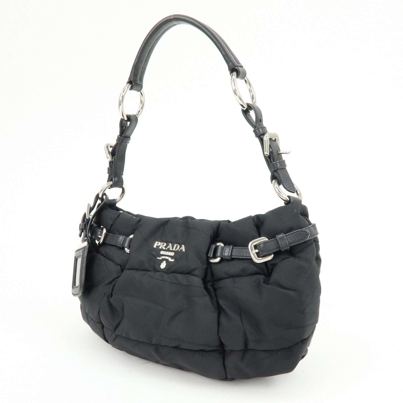PRADA Logo Nylon Puffy Leather Shoulder Bag Hand Bag Black Silver
