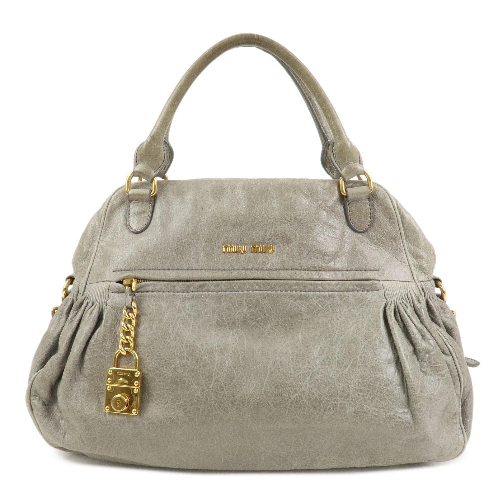 MIU MIU Logo Leather Hand Bag Shoulder Bag Gray