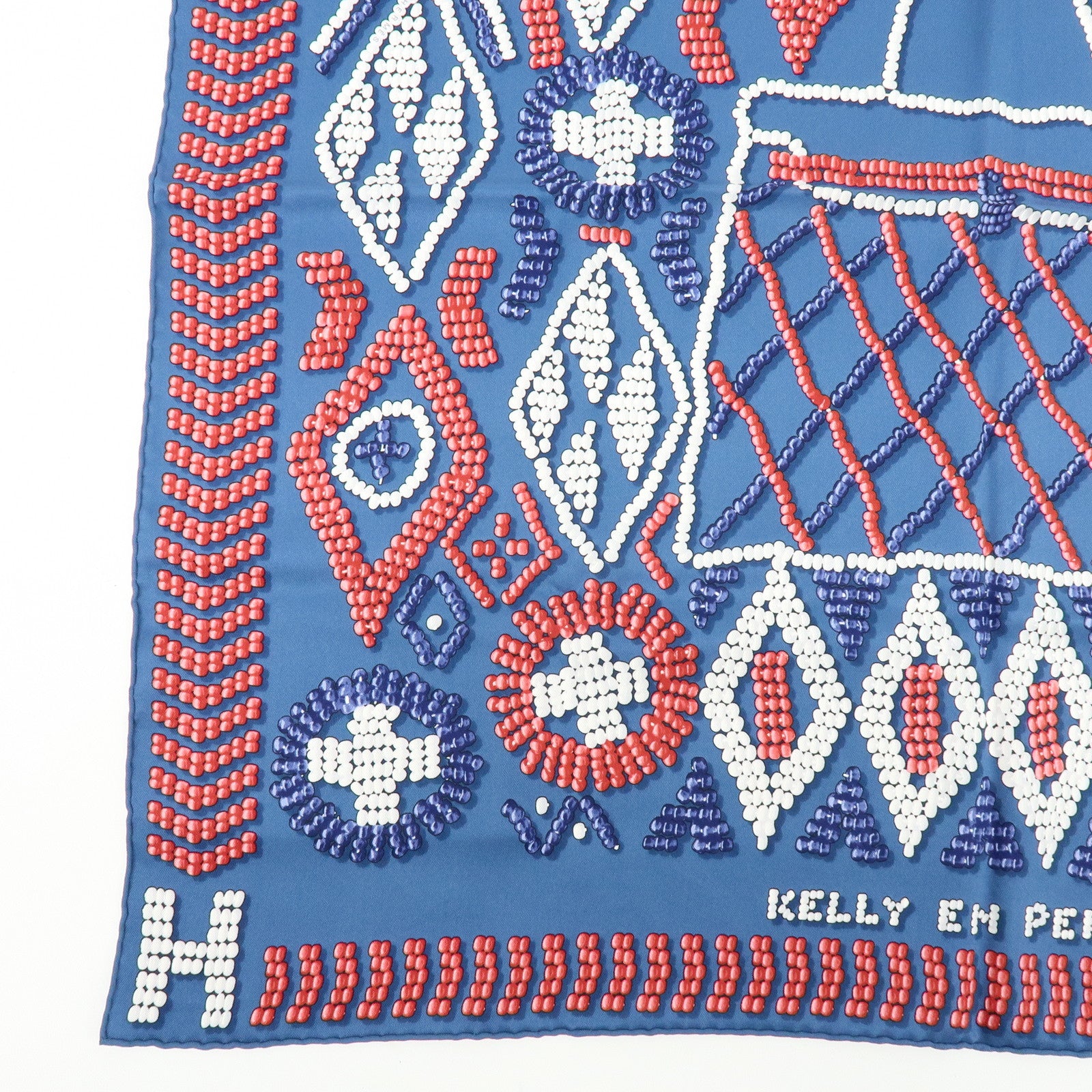 HERMES Carre 65 Silk 100% Scarf KELLY EN PERLES Pearl Print Blue