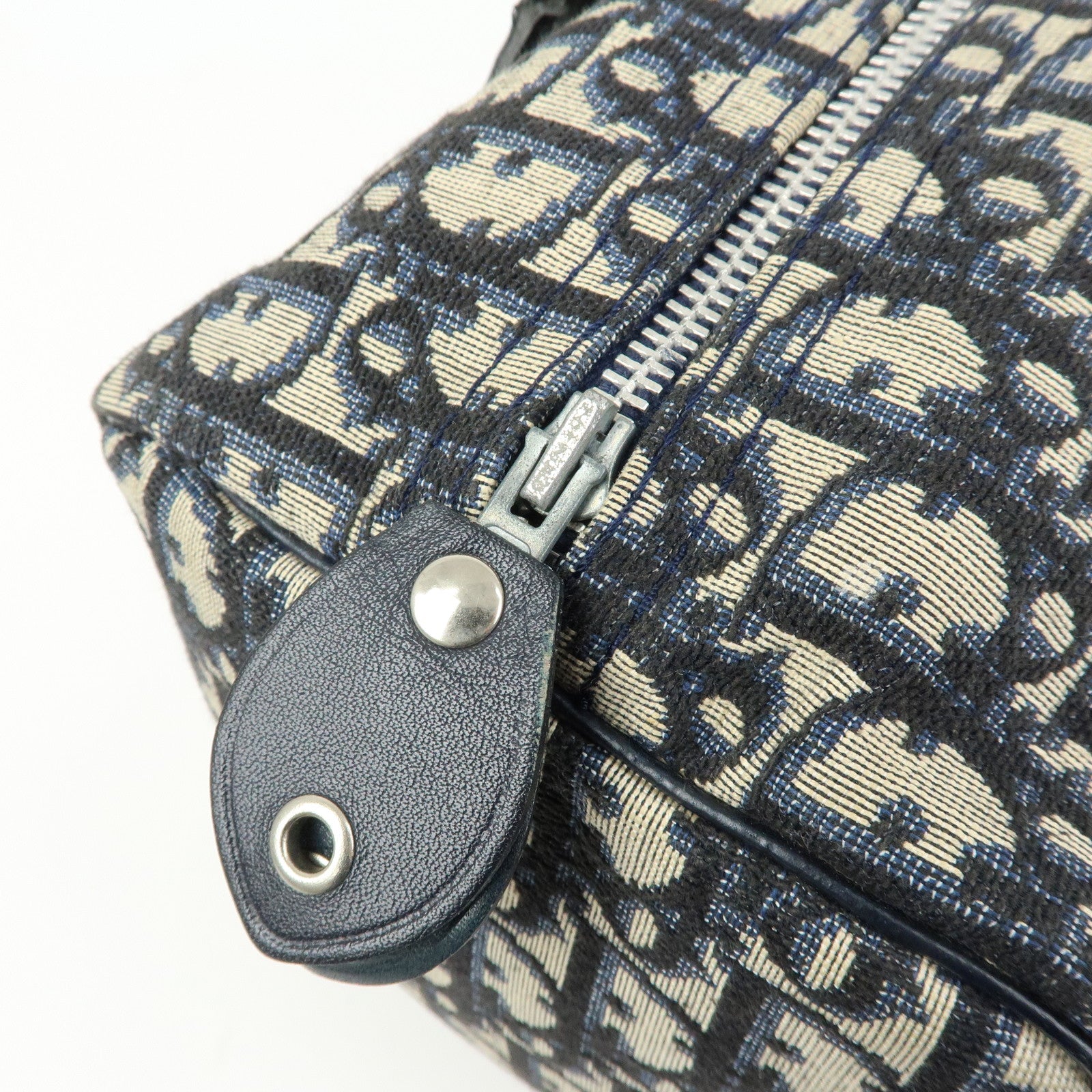 Christian Dior Trotter Jacquard Leather Boston Bag Hand Bag Navy