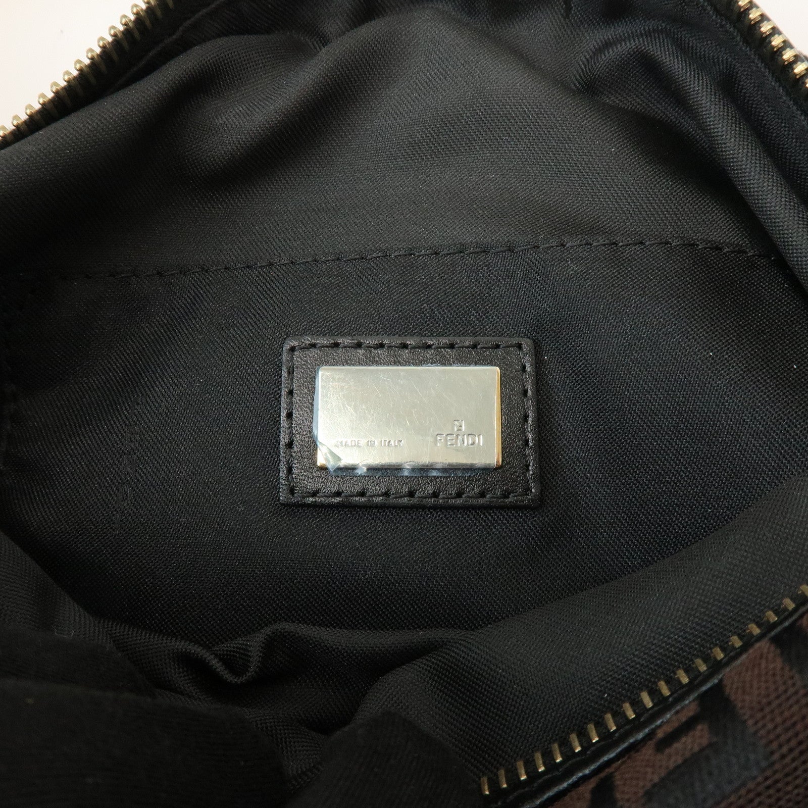 FENDI Zucchino Logo Canvas Leather Black Shoulder Bag Brown 8BR464